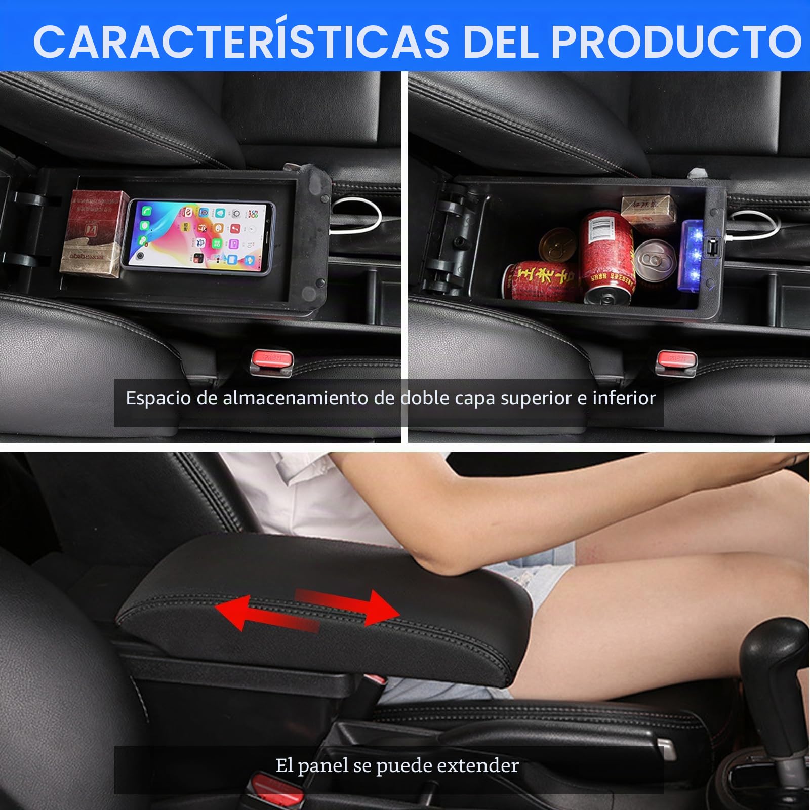 Apoyabrazos Compatible con VW Polo 2019 2020 2021 2022 2023 2024 Apoya Brazos Coche Consola Reposabrazos Central Tapizado Caja de Almacenamiento Cuero con 3 Puertos USB - Cuero Negro de la PU