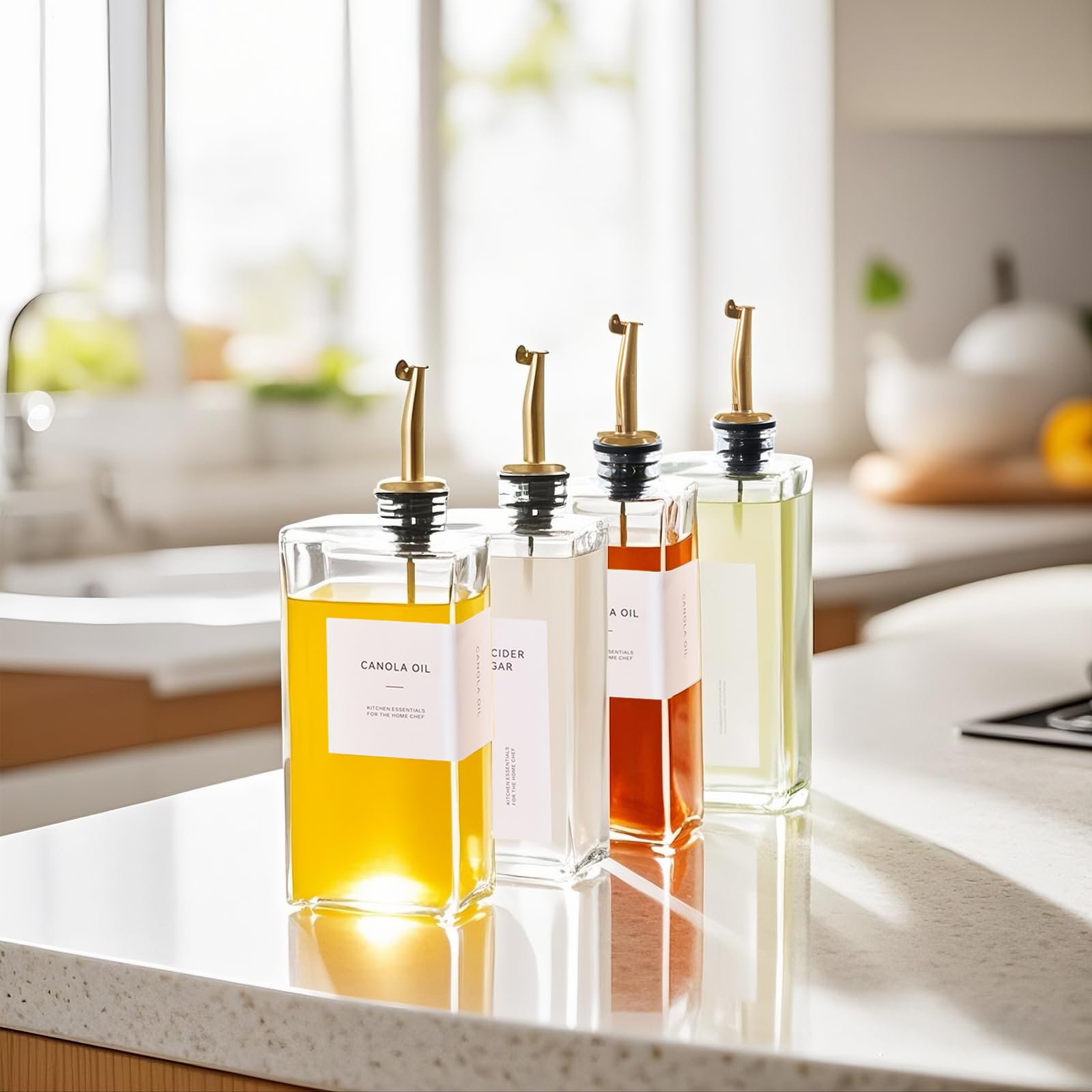 Hniuyun Lot de 4 bouteilles d'huile pour cuisine, 500 ml, distributeur d'huile d'olive, de vinaigre et de sirop de café avec bec anti-goutte, étiquettes étanches et entonnoir en silicone, doré