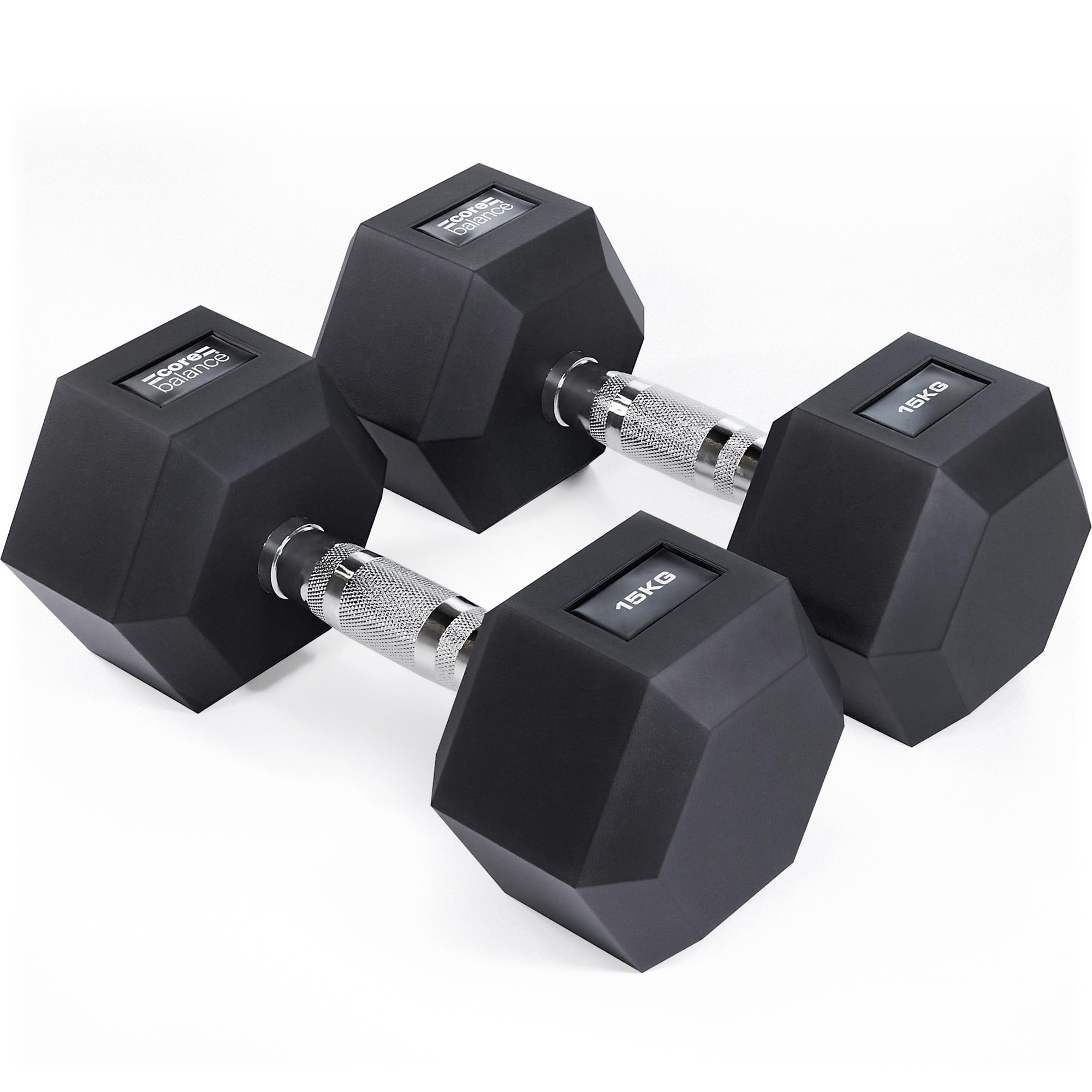 Core Balance Hex Dumbbells Pair – 2 x 15kg, Cast Iron, PVC Coated Anti-Roll Hexagonal Weights, Knurled Non-Slip Handles, Home Gym Fitness, Strength Training, Weight Lifting