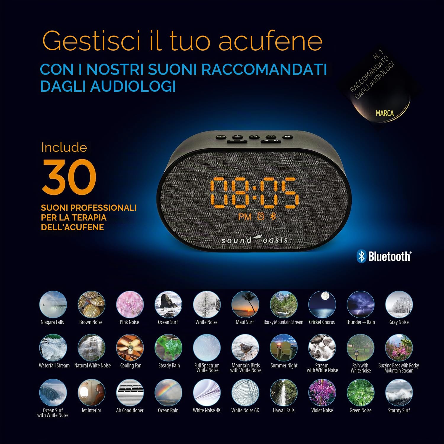 Oasi Sonora Sveglia Bluetooth Tinnitus Sound Therapy BST-150T - dormire meglio, gestire e mascherare l'acufene, 30 suoni integrati