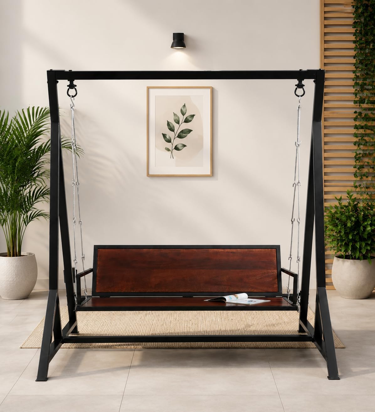Solid Sheesham Wood Garden Swing with Metal Stand | Outdoor Hanging Bench, Patio Jhula for Balcony, Porch Furniture | Backyard Seating, 3 Seater-image-2