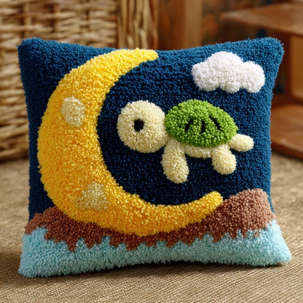 Henypt Latch Hook Kit 17x17 Inch,The Little Turtle on the Moon DIY Cushion Cover Kit for Adults Beginners with Printed Canvas & Complete Tools,43x43cm