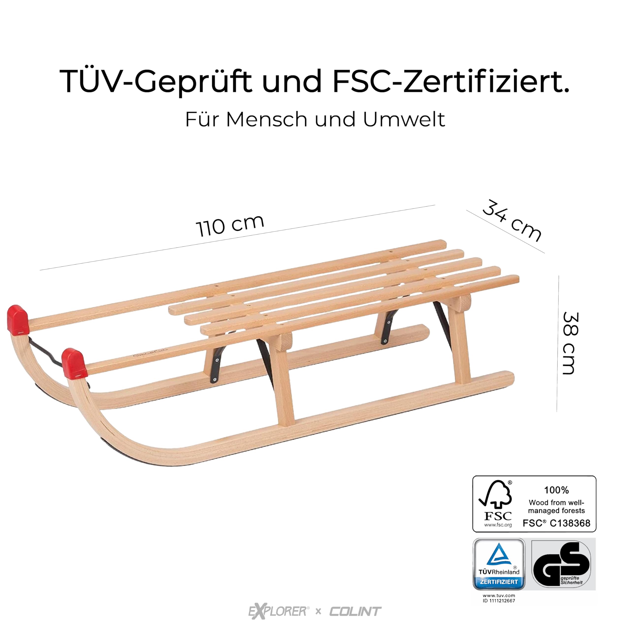 Explorer Colint Schlitten für Kinder Set Holz Davos, Single, mit Leine oder mit Rückenlehne und Leine in Rot oder Blau