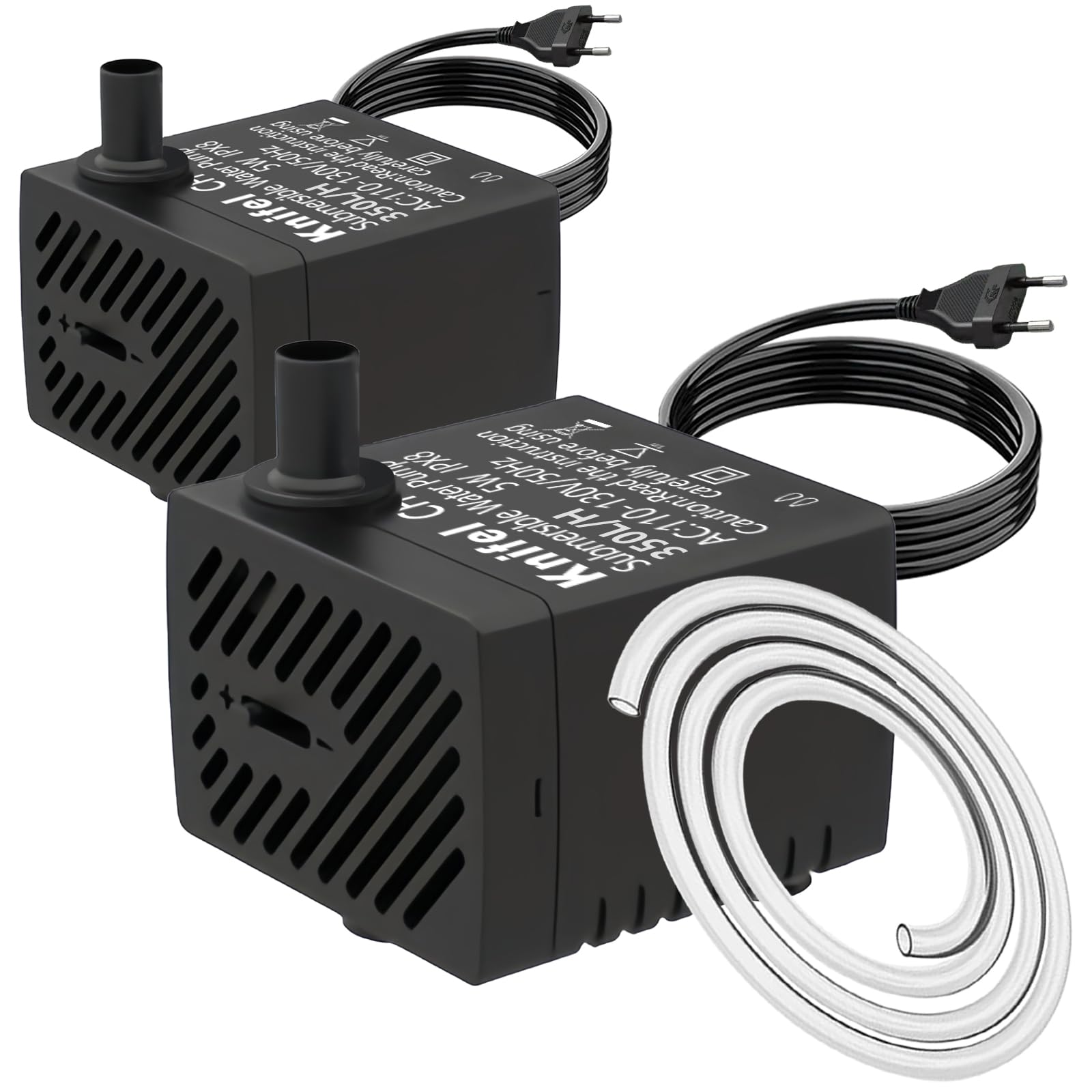 Knifel Mini Wasserpumpen, 2 Stück, 350L/H, 5W, Ultra Leise, 1,5m Netzkabel, 2 Düsen für Aquarien und Brunnen