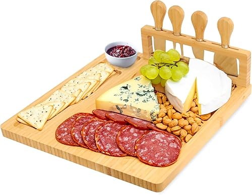 Miniatura 19 de RoyalHouse Juego único de tabla de queso de bambú y cuchillos con 2 cajones deslizables para cubiertos, juego de tablas de charcutería, regalos
