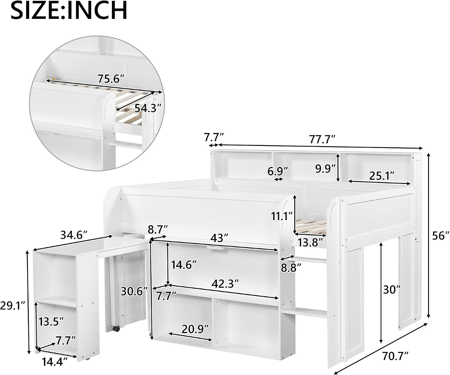 Harper & Bright Designs Full Size Loft Bed with Desk, Wood Loft Bed Frame with Storage Shelves, LED Light, and Ladder, Large Under-Bed Space, for Kids, Teens, Boys Girls,White