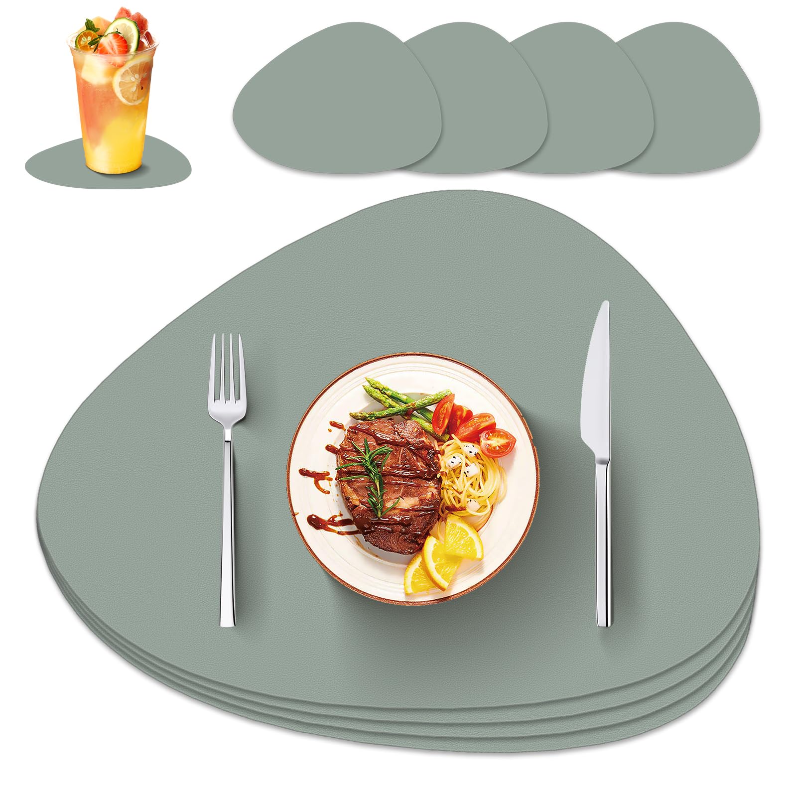 IKWOLETI Washable Table Placemats with Coasters - PU Leather Place Mats for Table - Double-Sided Placemats Ideal for Kitchen and Office, Set of 4, Sage Green