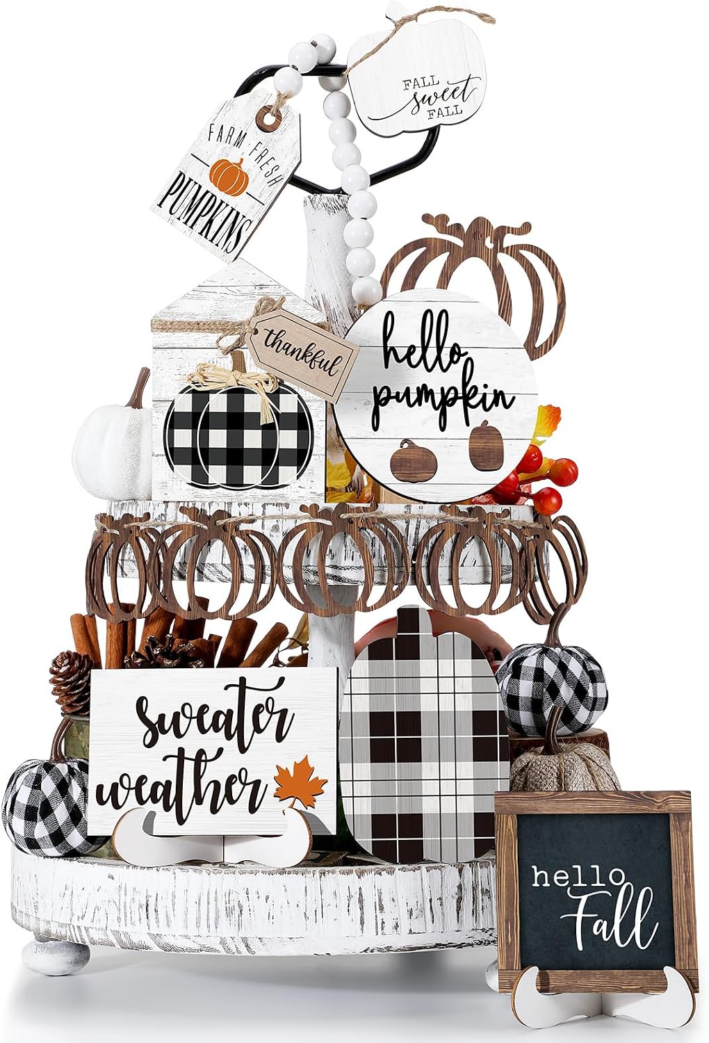 Reallnaive 18 Pcs Fall Tiered Tray Decor, Sage Green Pumpkin Signs