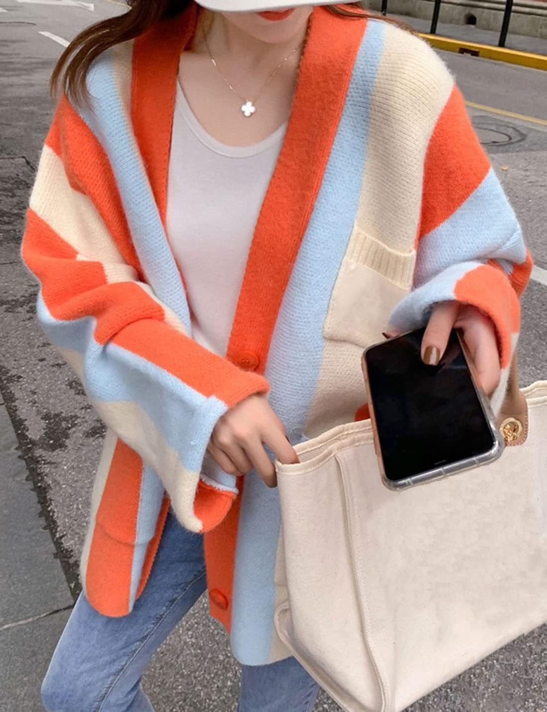 Unilexi Womens Loose Long Sleeve Rainbow Striped Cardigans Sweater Boho Color Block Chunky Knitted Tops - Image 6