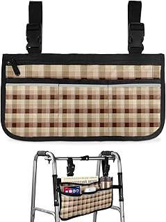 Brown Checkered Wheelchair Side Bag Walker Bag, Brown Ombre Buffalo Plaid Wheelchair Accessories Armrest Pouch, Organizer Storage Bag for Walkers, Rollators, Scooters, 7.3'x13'