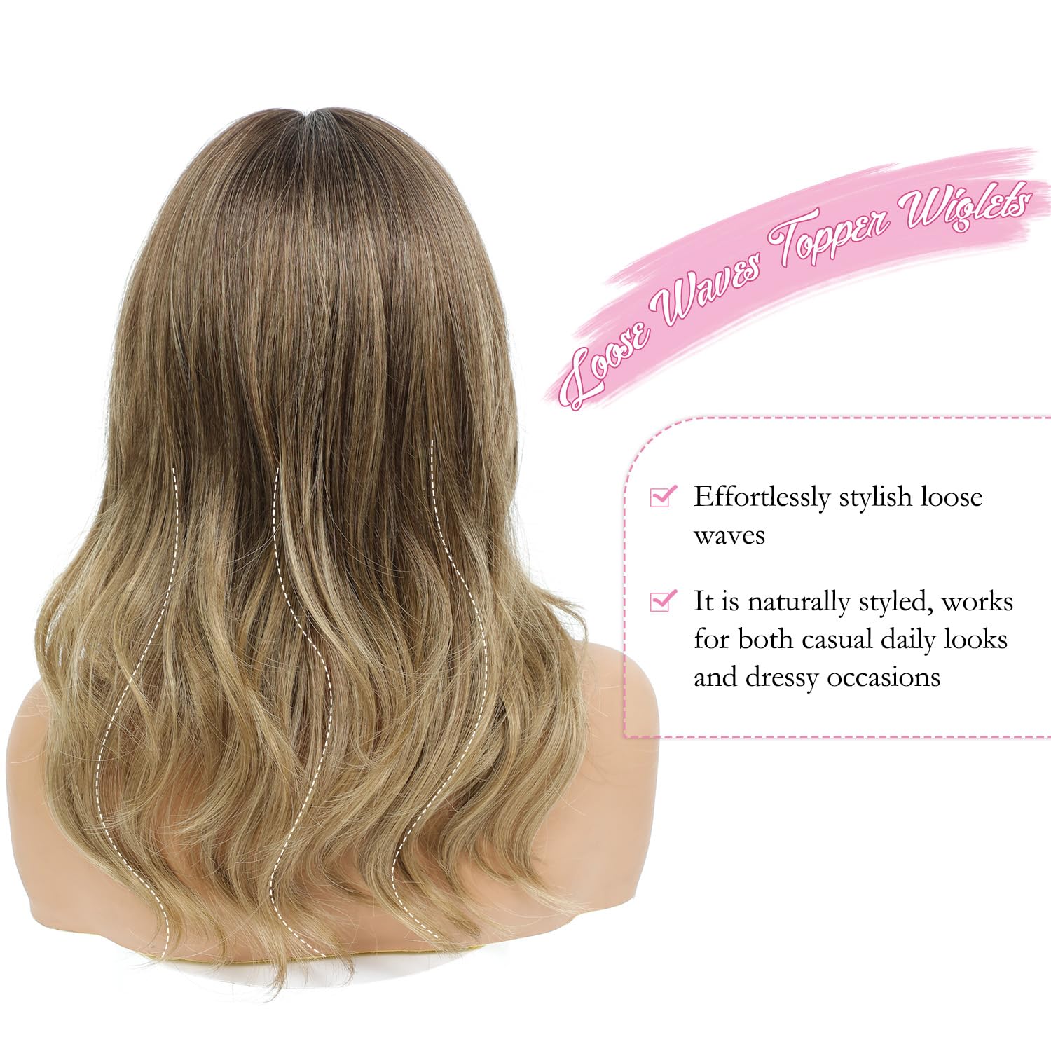 PANEWAY 18 Inch Loose Wavy Hair Topper for Women with Thinning Hair Clip in Top Piece Adds Volume & Coverage, Seamless Natural Blend - Ash Brown Root to Honey Blonde Balayage, 18inch