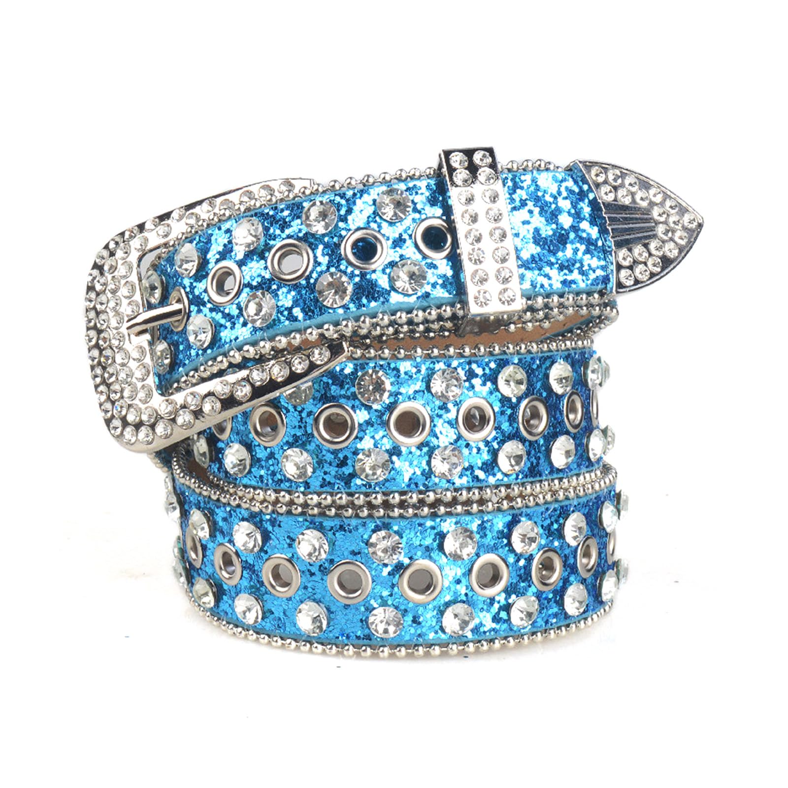 Misuvrse Women's Blue Casual Rhinestone Belts Adult Sumptuous Full Waist Belts Western Cowgirl Cowboy Fashion Belt For Jeans Skirt
