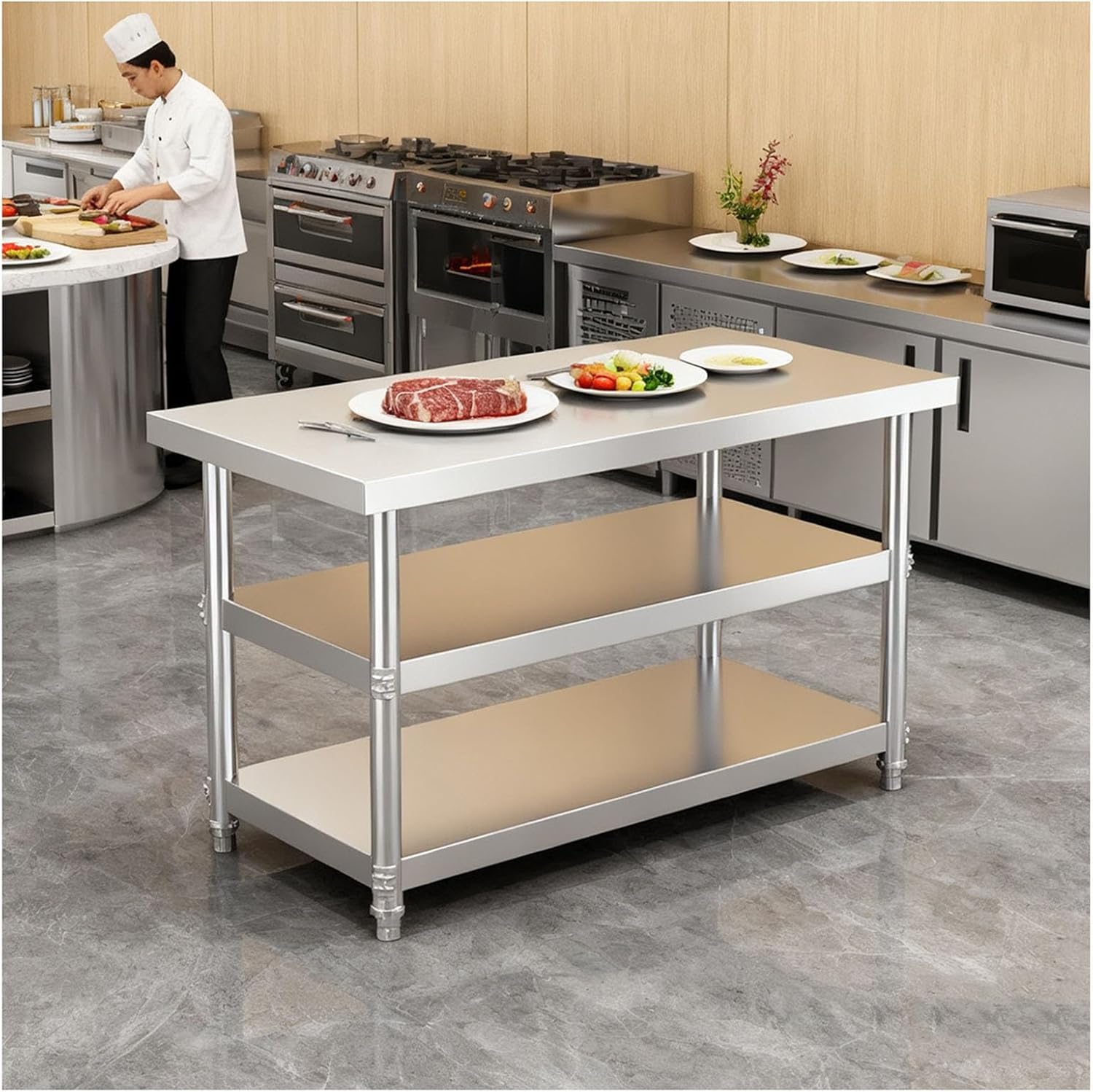 Three-Tier Reinforced Workbench Home Kitchen Open Shelving Unit Adjustable Feet Worktable Stainless Steel Prep Table Multi-Function Commercial Platform Cutting Board Workstation(80x50x80cm)