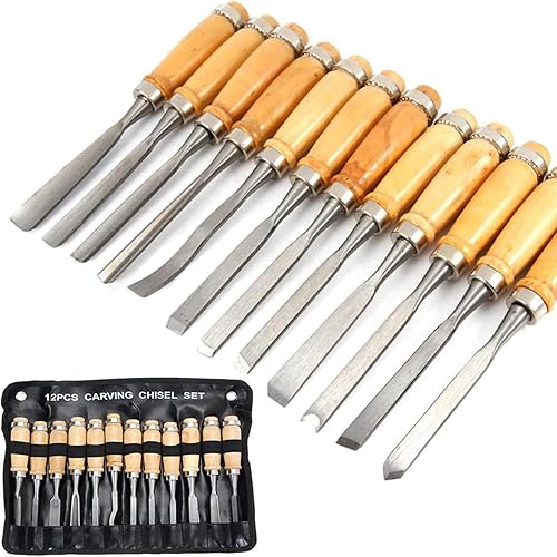 MYOYAY - Juego de 12 herramientas de tallado de madera de tamaño completo, cinceles de carpintería, kit de gubia de cuchillo de madera, cincel de