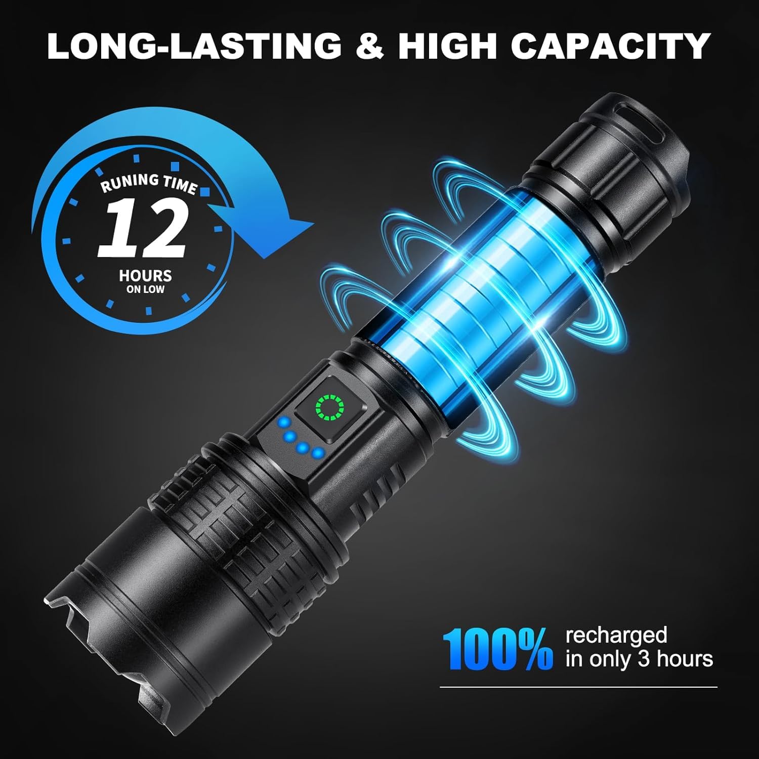 Kmivo Torcia a LED ricaricabile ad alta luminosità, 990.000 lm, con 5 modalità, impermeabile, portatile, per casa, campeggio (confezione da 3)