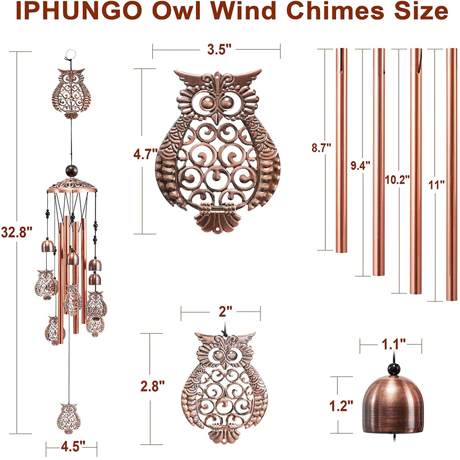 Carillon éolien Hibou En Aluminium - 94 Cm - 7 Hiboux, 4 Tubes, 6 Cloches - Décoration Intérieur/extérieur Porte-bonheur