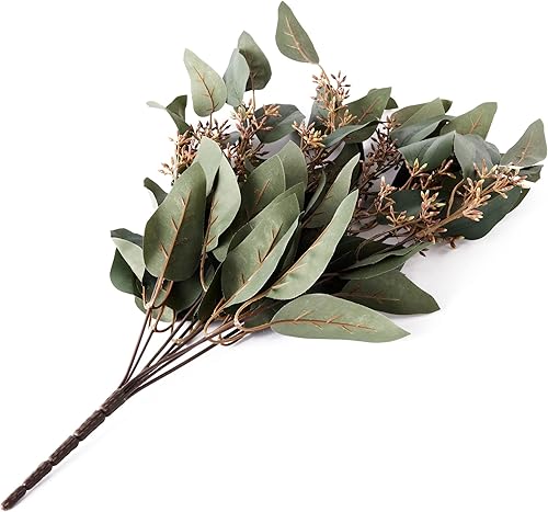 Miniatura 3 de Oh You're Lovely | 3 piezas de eucalipto artificial con semillas verdes y marrones verdes y tallo de relleno de 22 pulgadas | Spray floral sintético