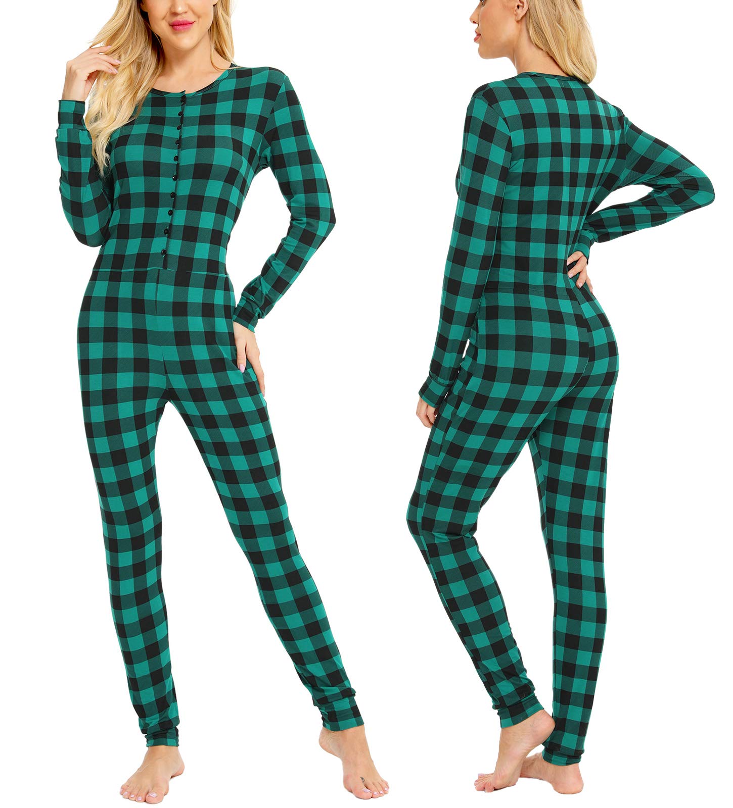 LecGeeWomens Christmas Pajama Jumpsuits One Piece Sleepwear Button Bodysuit Modal Underwear Set Long Sleeve Union Suit