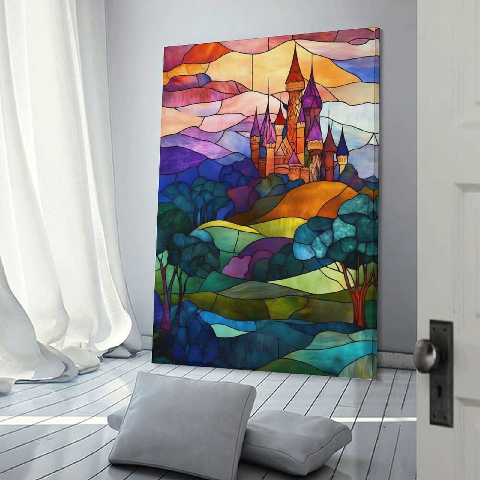 Junmoney Stained Glass Castle Home Decor Wall Art, 12x18inch(30x45cm), for New Homes, Bedrooms Or Workspaces, Gift Idea for Housewarming And Birthdays