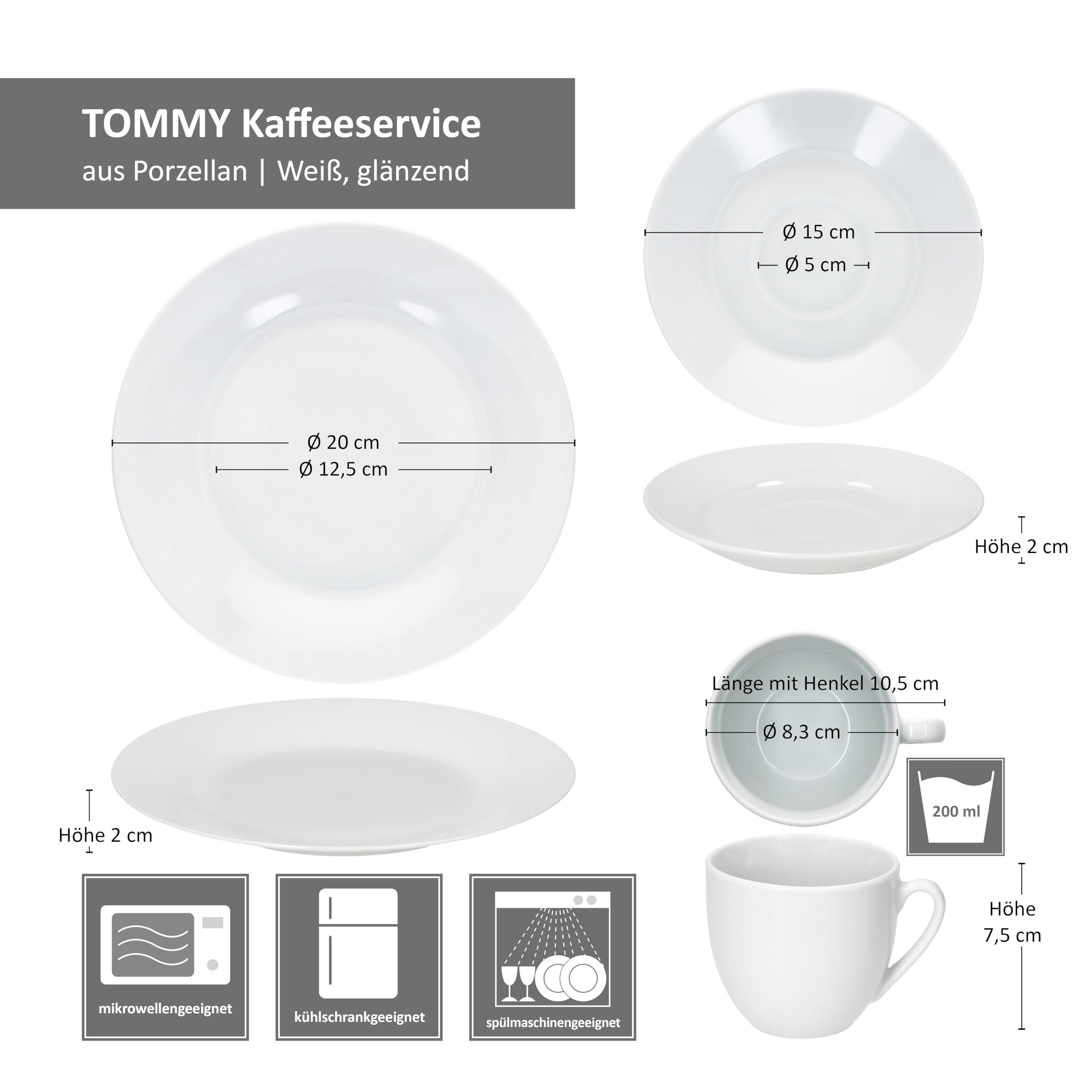 MamboCat Tommy 18tlg Kaffeeservice I weißes Porzellan-Kaffeeset für 6 Personen I Je 6X Kaffeetassen, Untertassen & Kuchenteller I schickes Geschirr für Frühstück & Kaffee, Gastro, Hotel & Co