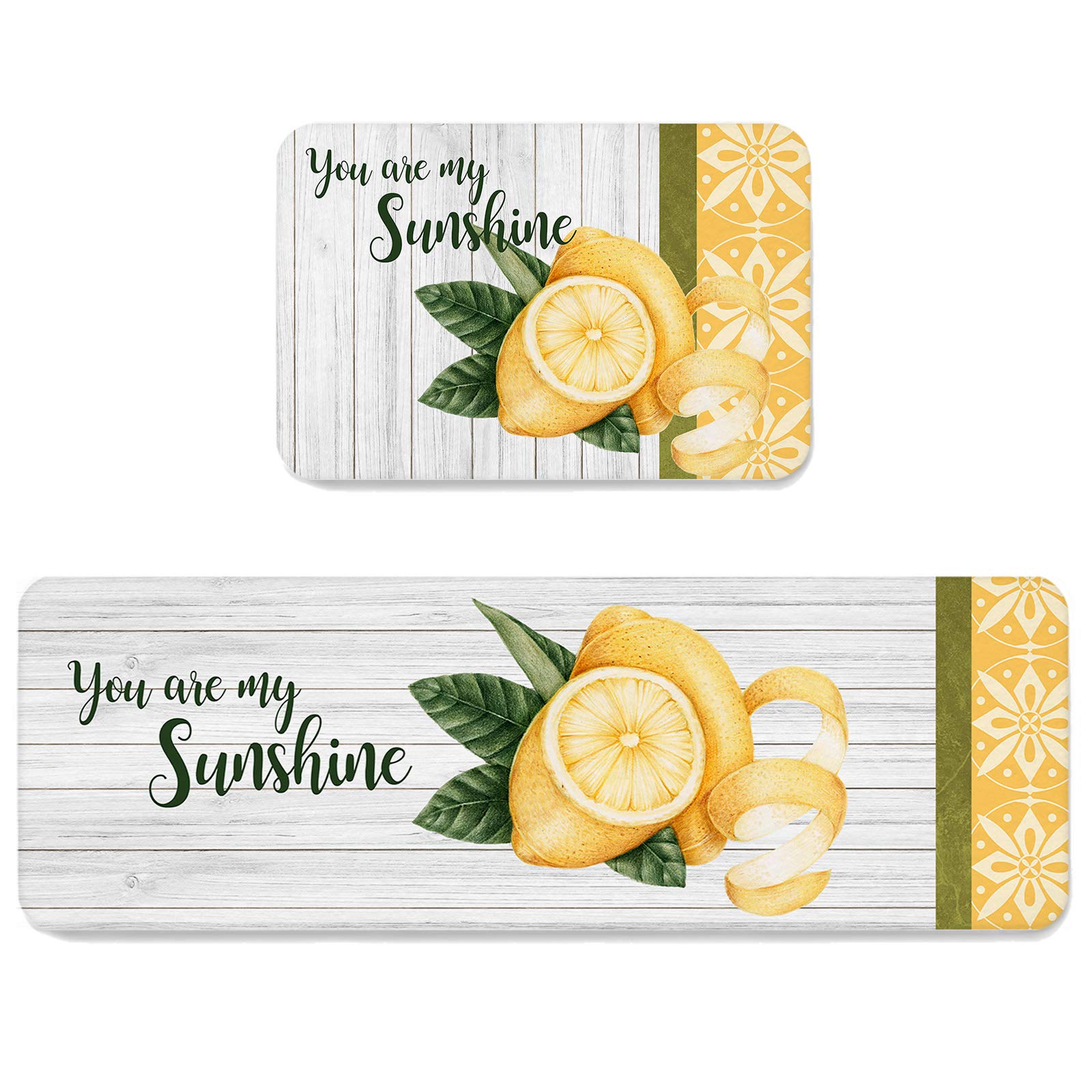 WLongdecor Yellow Lemon Absorbent Kitchen Rugs and Mats Set, 2 Pcs Soft Non-Skid Washable Area Rugs, You are My Sunshine Floor Comfort for Kitchen, Home, Office, Laundry, 16 x 48 inches + 24