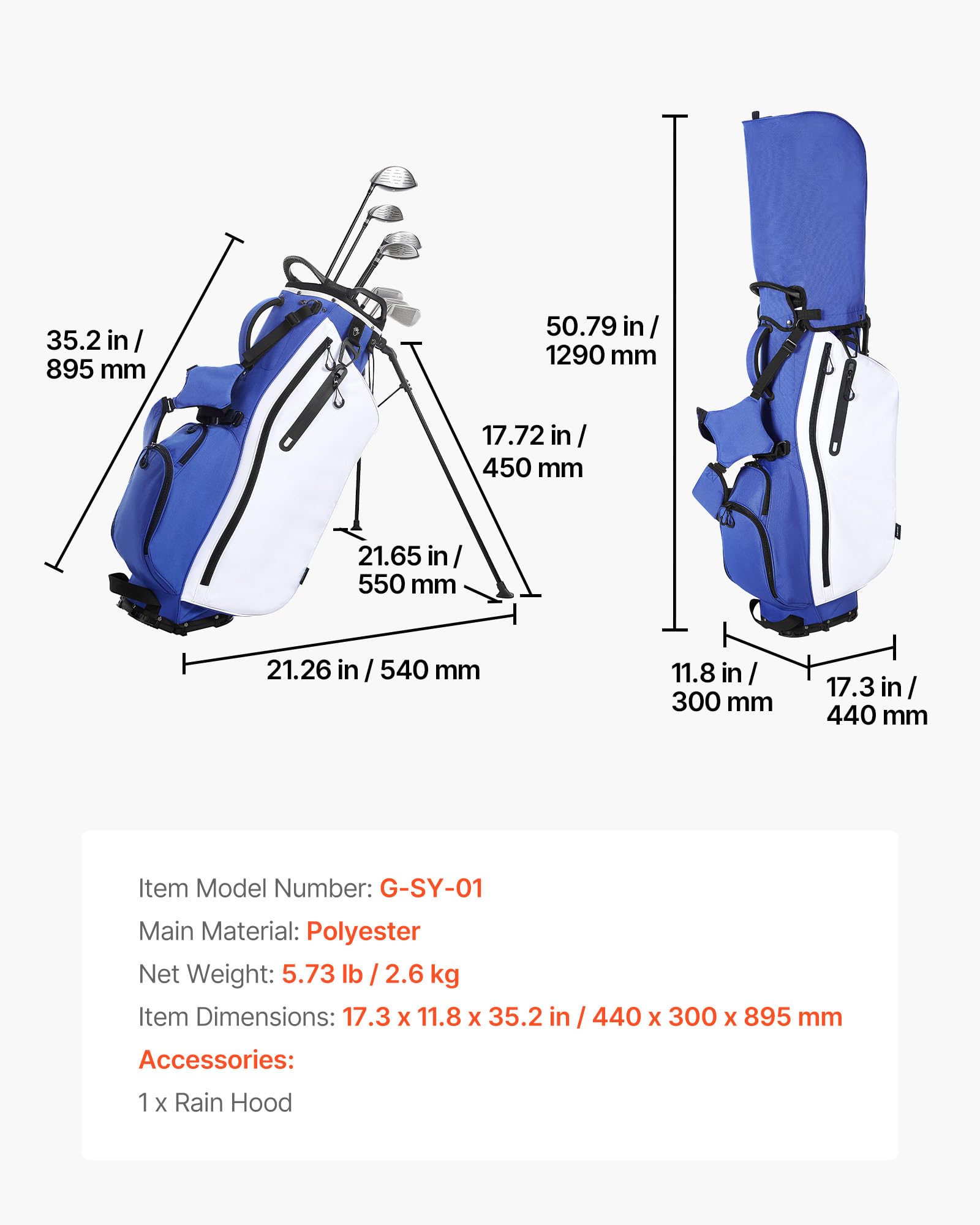 VEVOR Golfbag mit 7-Facher Einteilung, Golftasche mit Standfüßen Doppelschultergurt Durchgehenden Trennfächern Regenhaube Stautaschen, Caddybag aus Polyester für Herren Damen Golf Cartbag