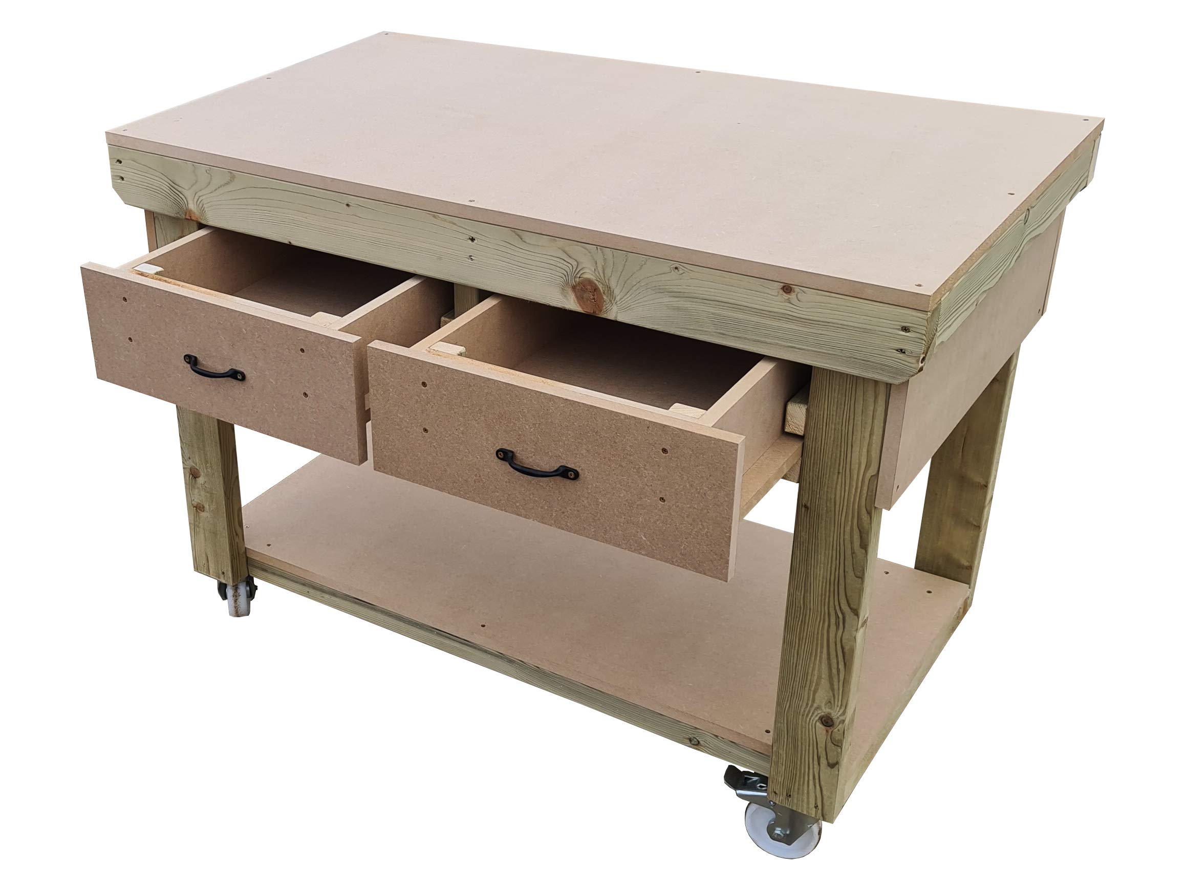 Arbor Garden Solutions Wooden workbench 18mm MDF top with drawers - legs with wheels - industrial heavy-duty garage storage table (V.1) (5ft)