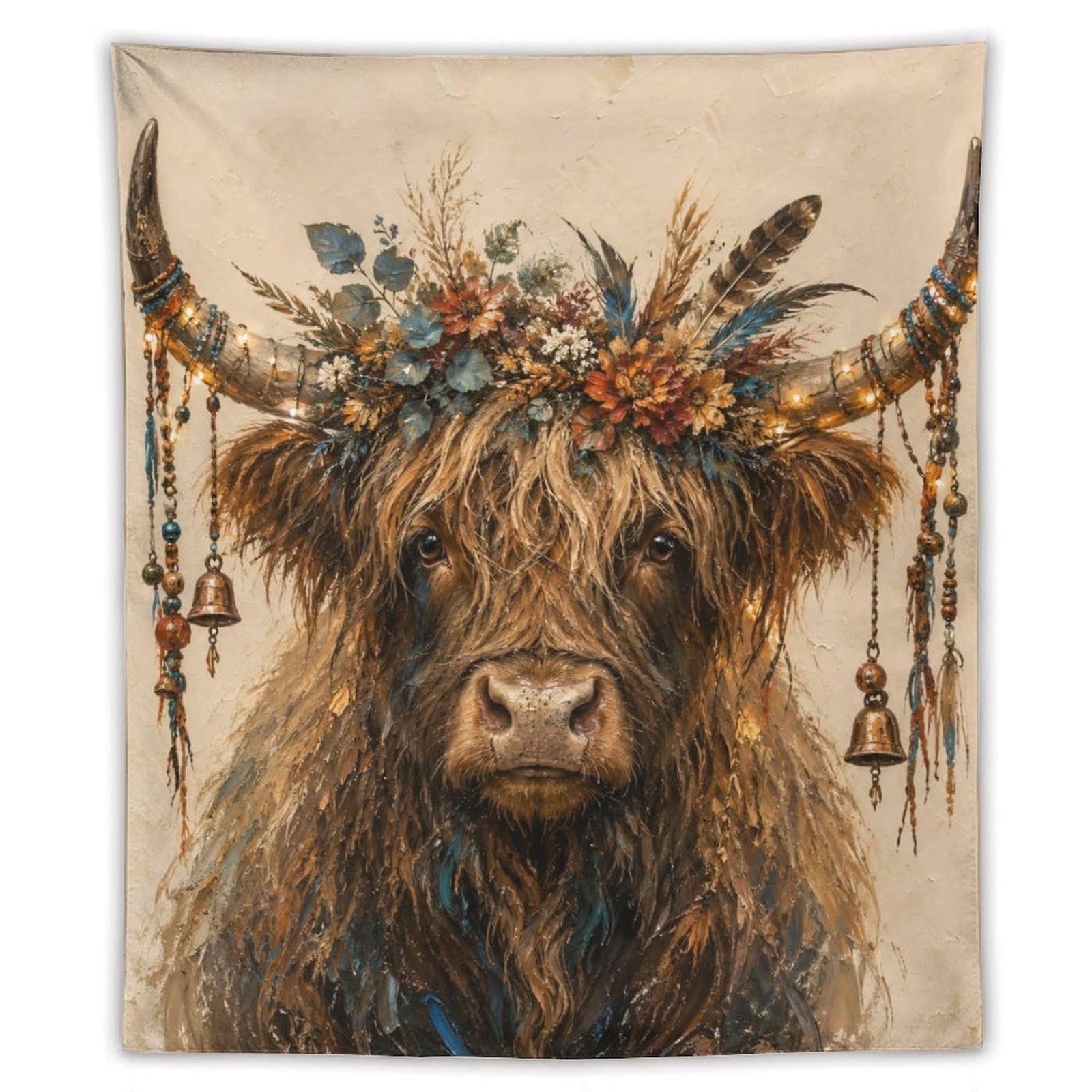 H3B8U2Y5 Highland Cow Rustic Portrait Wall Tapestry, Warm Country Mood