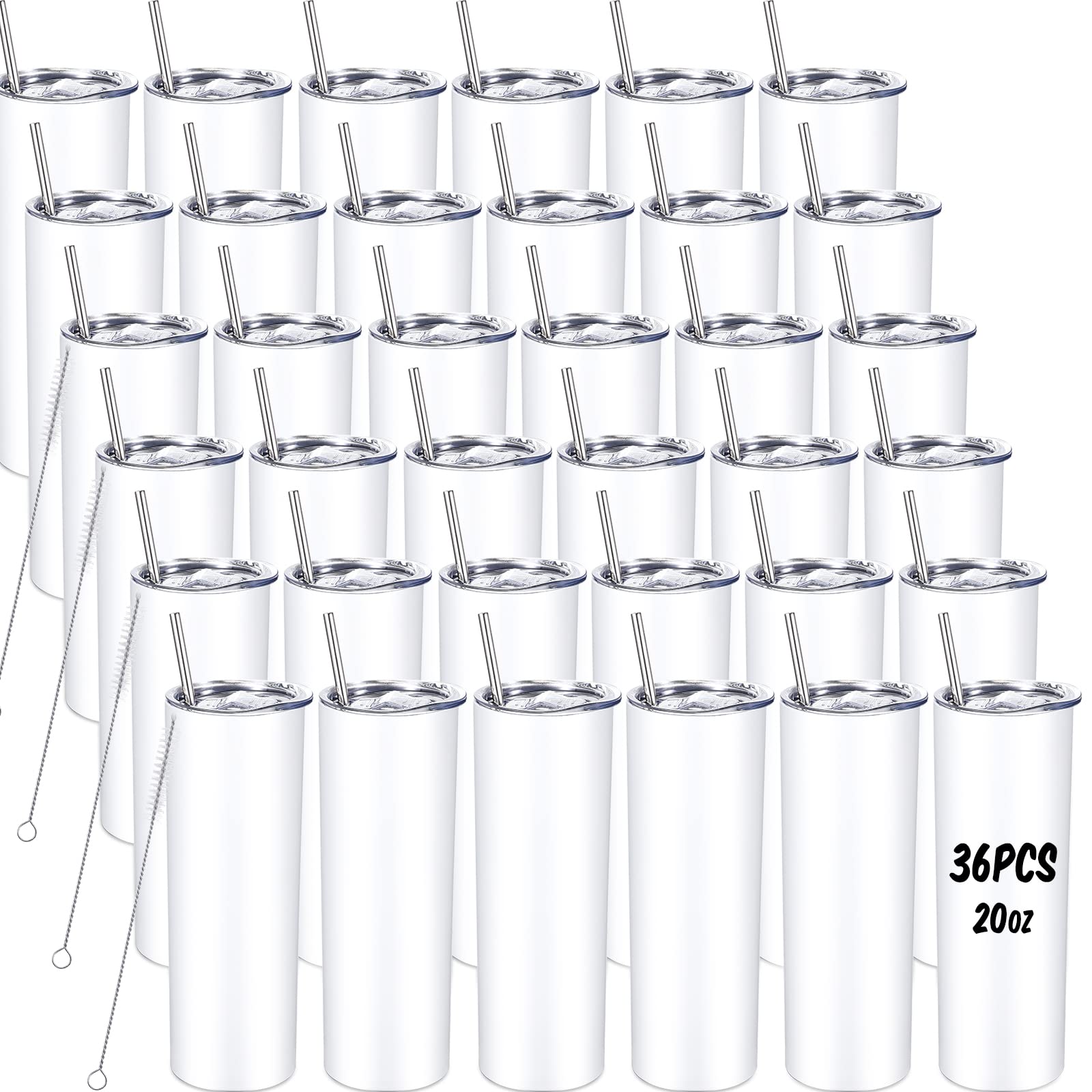 36 Pack 20oz Stainless Steel Skinny Tumblers Set Insulated Slim Straight Tumbler with Lids Straws and Brushes Vacuum Tumbler Travel Mug Reusable Coffee Water Bottle Cup for Men Women (White)