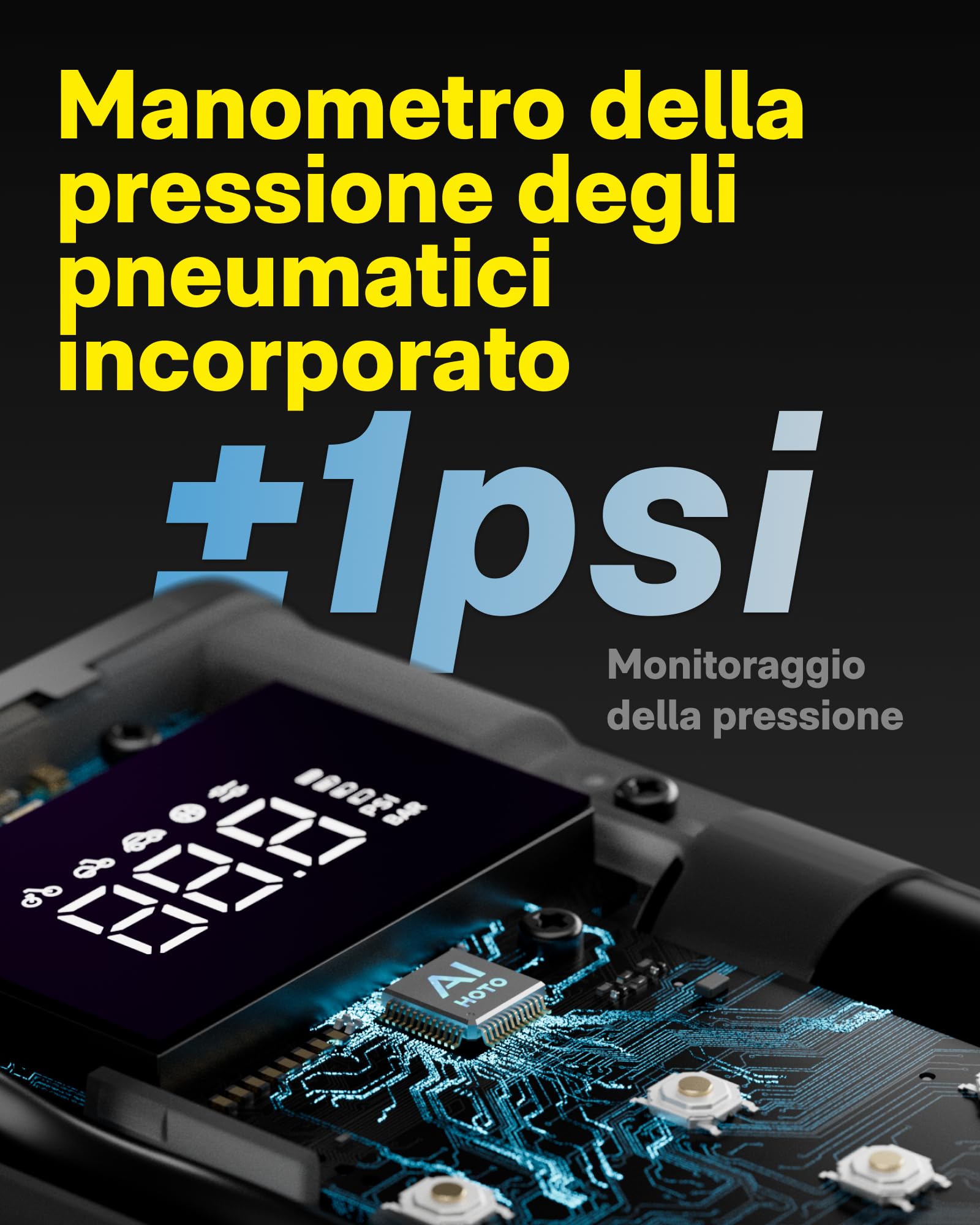 HOTO Compressore Aria Portatile, Pompa Ad Aria Portatile ADV, 150 PSI, Gonfiatore Senza Fili Con Luce LED, Display Digitale, Ricarica USB-C, Ideale Per Auto, Moto, Biciclette, Palla
