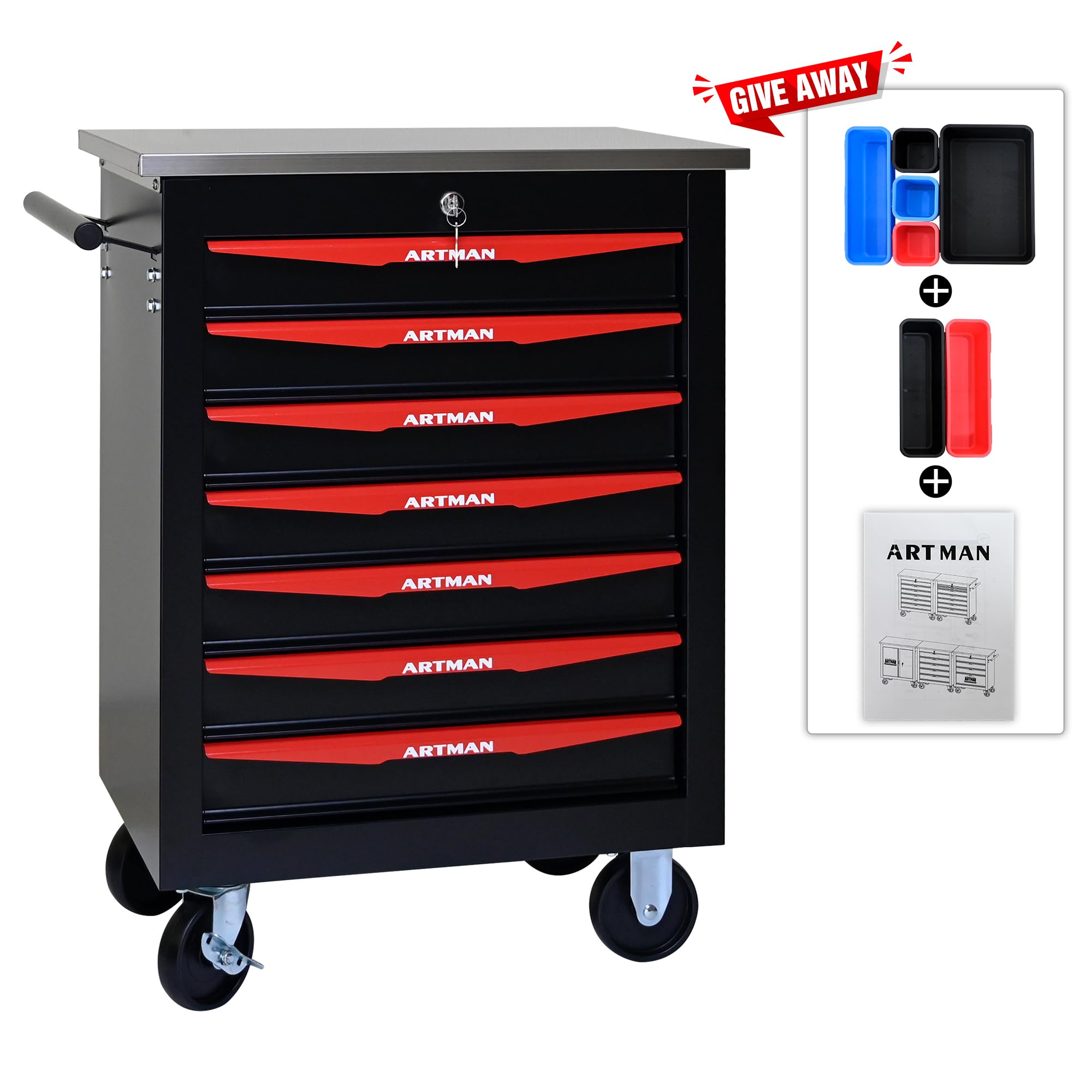 Generisch Carrello portautensili a 7 cassetti con 4 volanti e chiavi di sicurezza – Cassetti con cuscinetti a sfera, verniciatura a polvere per garage e officina, nero e rosso