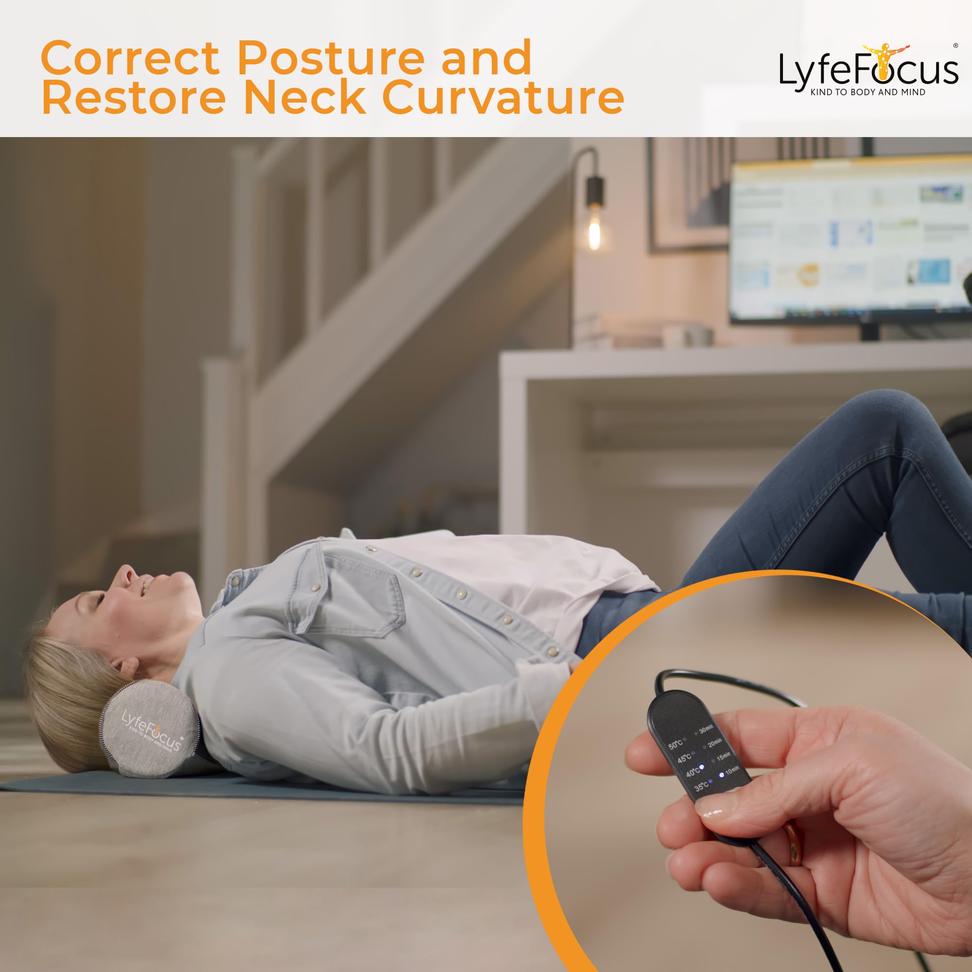 LyfeFocus Etireur de cou avec chaleur pour douleurs dorsales et cervicales – Correcteur de posture avec nœuds fermes conçus pour soulager les tensions musculaires Housse avec chaleur USB, contrôle et