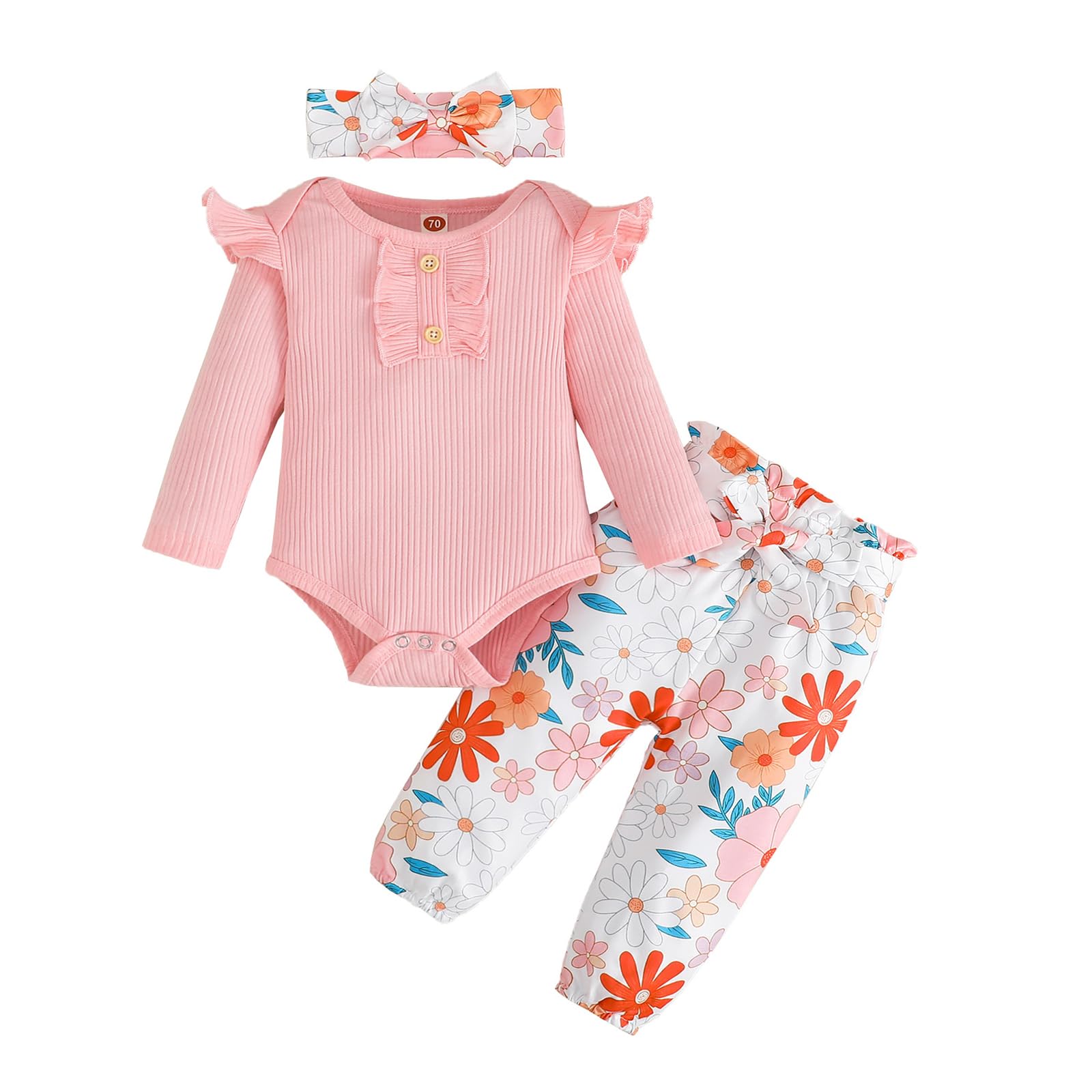 (Size 100) Kislio Newborn Baby Girls Clothes Ribbed Ruffled Romper+Floral Pants+Headband Infant Outfit Set