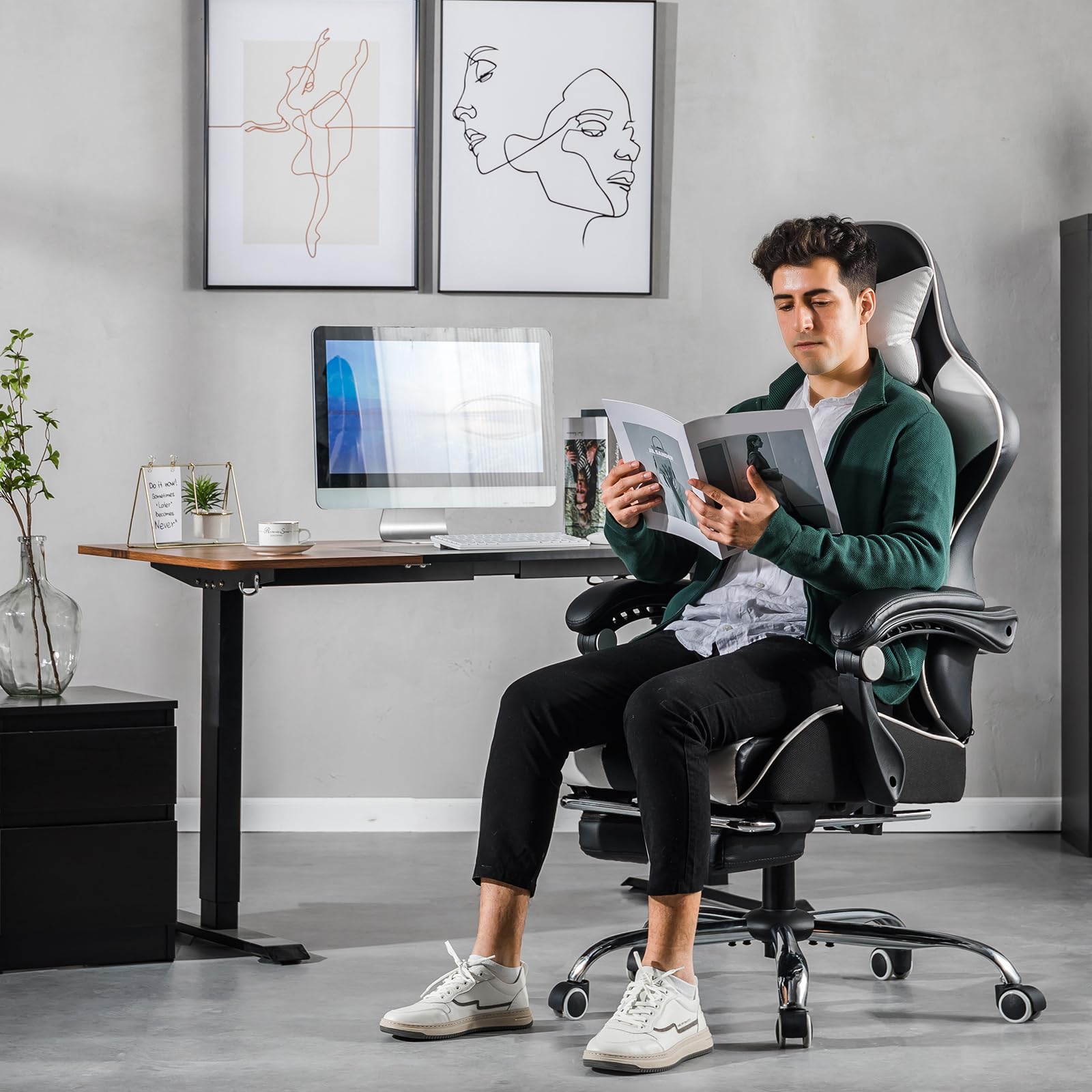 GTPLAYER Silla de Oficina para Gaming, Masaje, sillón, Silla ergonómica para Gamer, con reposapiés, reposacabezas, cojín Lumbar, Acolchado, Silla giratoria, Color Blanco