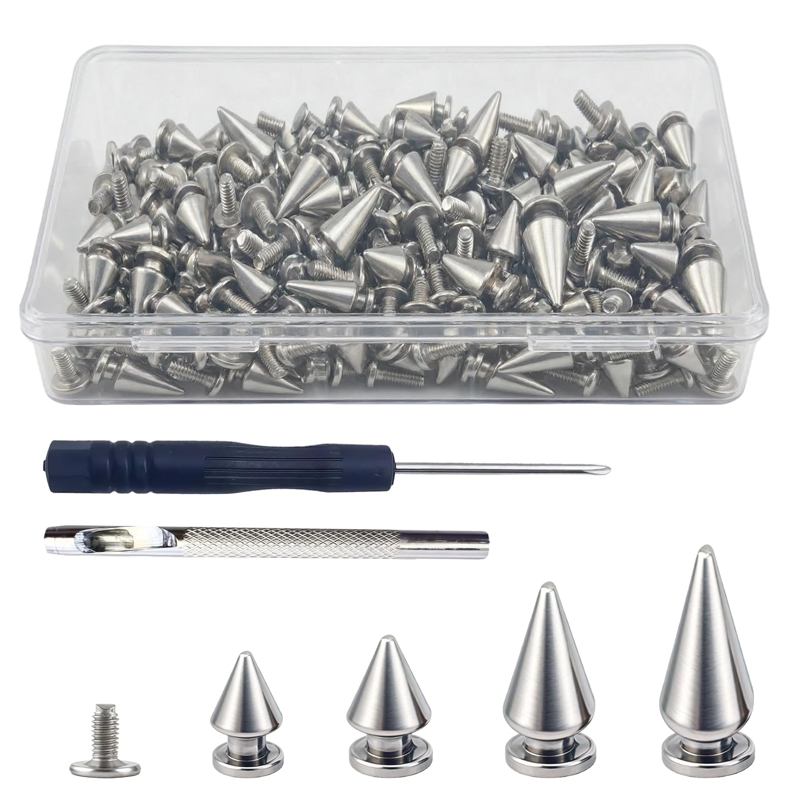 Metallkegelspikes mit Schrauben (162 Sets, 4 Größen), Schraubnieten, mehrere Größen, Baumspikes, Nieten für DIY, Punk-Stil, Leder, Gürtel und Basteldekoration (Silber)