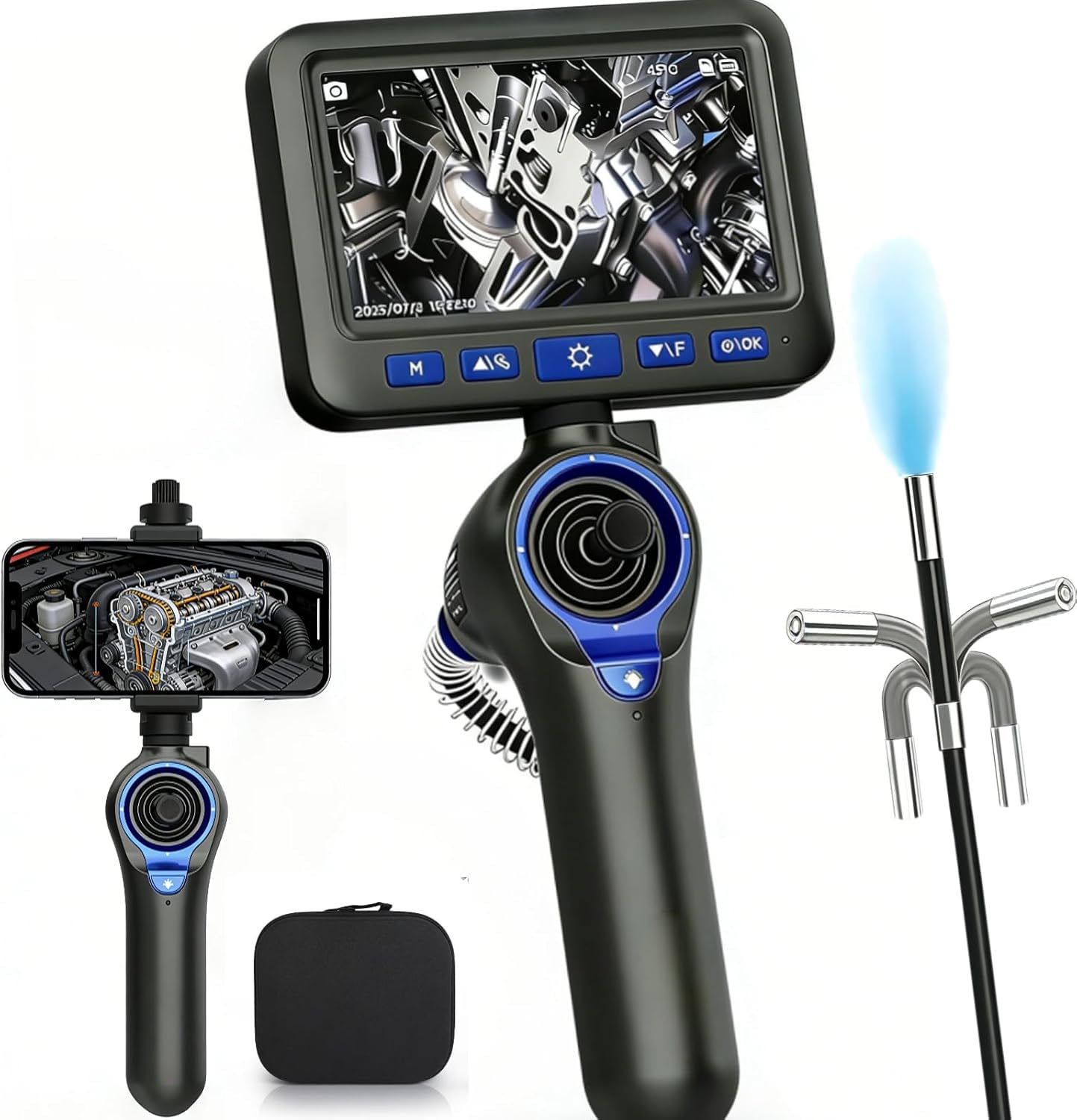 2-IN-1 Endoscopio, 𝟏𝟎𝟖𝟎𝐏 𝐈𝐏𝟔𝟕 𝟔 𝐋𝐄𝐃 Cámara de Inspección Borescopio 360° 4 Vías, 6,2 mm Sonda Delgada, 5 Pulgadas HD – Reparación de Coches, Mantenimiento HVAC