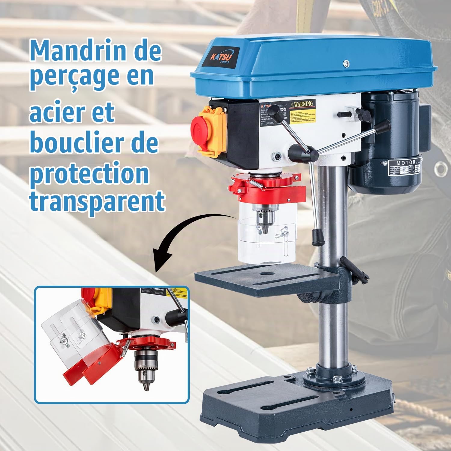 KATSU Tools Perceuse à colonne 350 W – mandrin 13 mm, 5 vitesses, profondeur max 50 mm, 2650 tr/min, table réglable