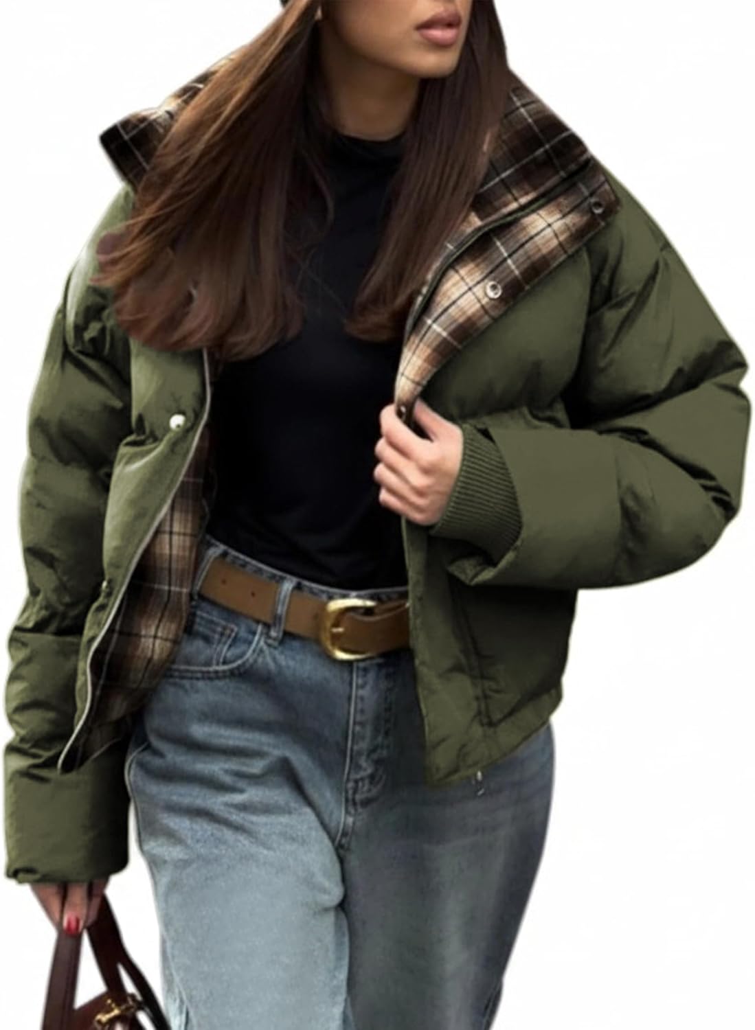 ECOWISH Women's Cropped Puffer Jacket Coat 2025 Winter Warm Stand Collar Short Quilted Jackets Outerwear with Pockets - Image 2