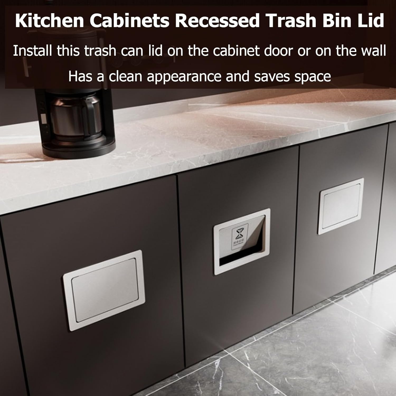 Stainless Steel Recessed Trash Can Lid, Cabinet Door Mounted Garbage Chute with Auto-Close Feature, Flush-Mount Waste Bin Insert for Kitchen and Bathroom Cabinets