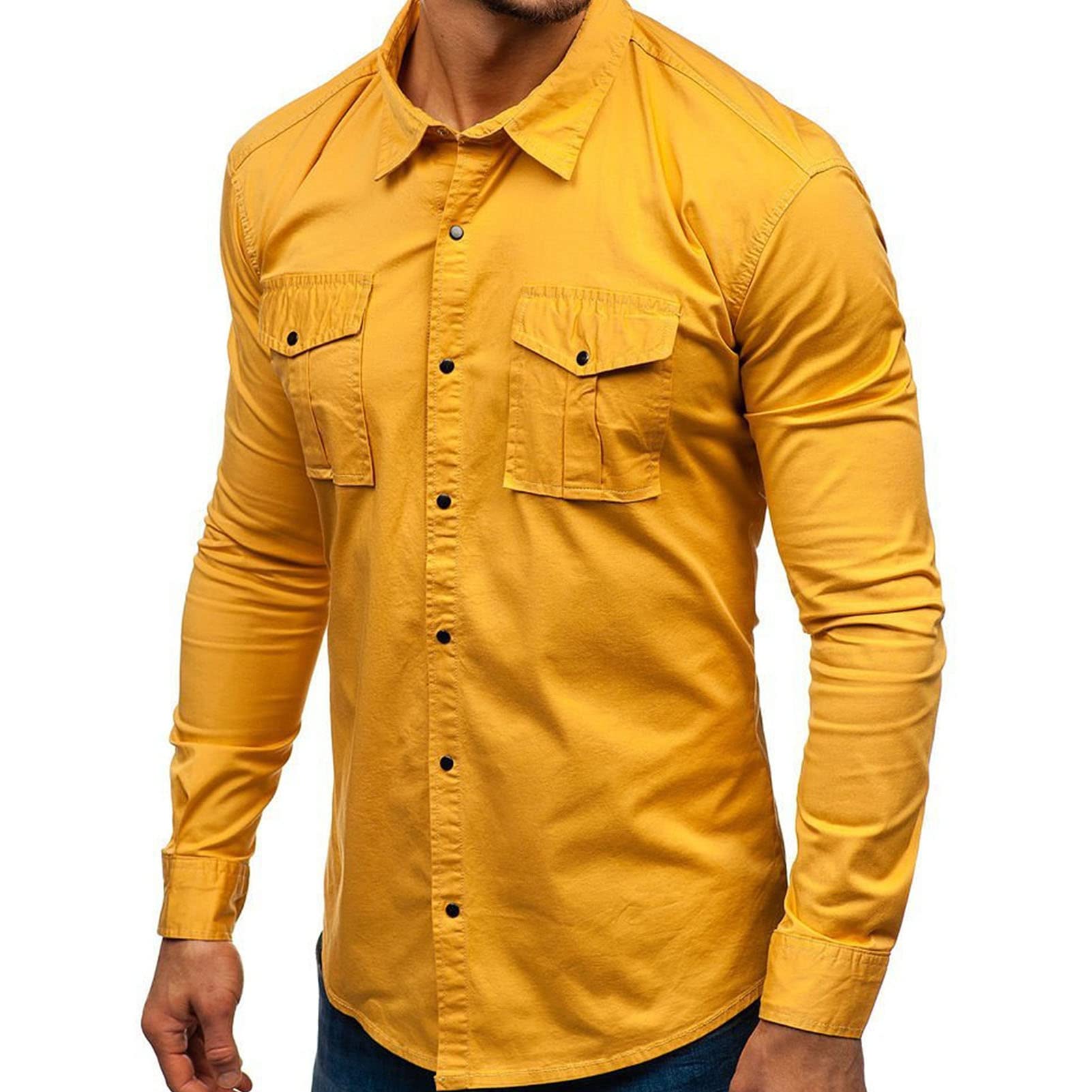 Men Long Sleeve Hiking Shirts Lightweight Tactical Button Down Cargo Shirt Solid Color Slim Fit Shirt with Pockets (Yellow,X-Large)