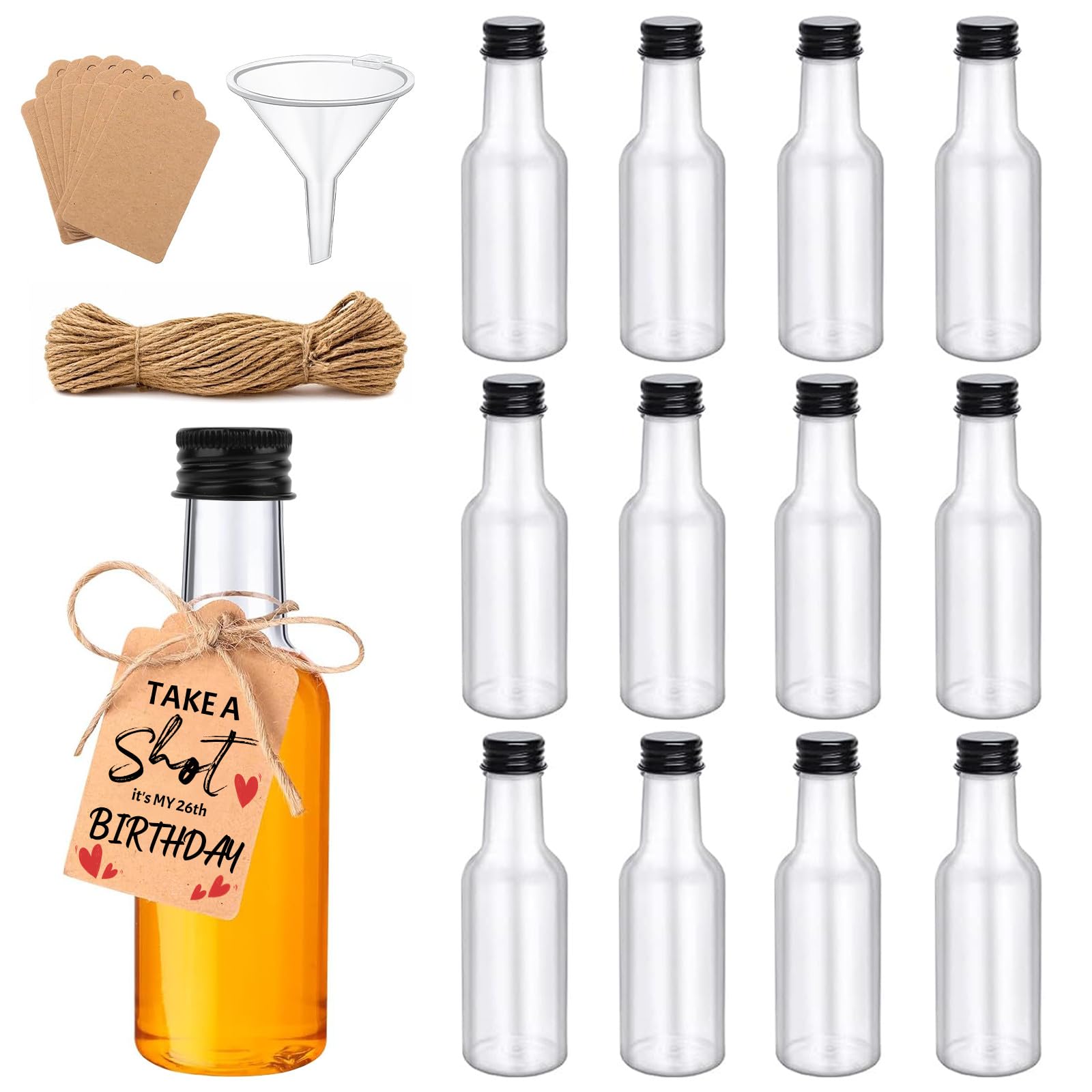 HIMOMO Piccole bottiglie da riempire, 12 pezzi di mini bottiglie da 250 ml con tappo, bottiglie in plastica per liquori, inclusi 15 metri di corda di iuta, 40 etichette e un imbuto