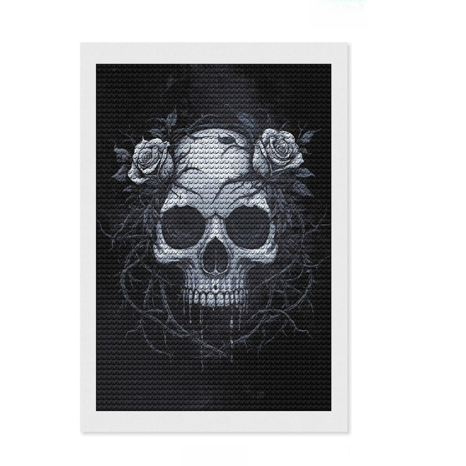 Junmoney Skull with Roses - Gothic Diamond Painting Set 8"x12", Fun Craft Experience, Complete Accessories, Office Decor, Gift Idea, with Tool Kit