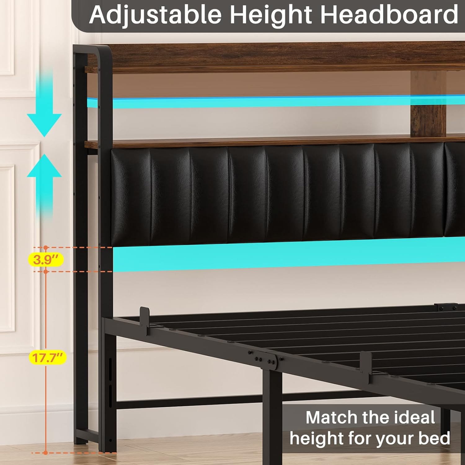 Homieasy King Size Bed Frame with Charging Station, Adjustable Upholstered Faux Leather Headboard, Industrial Platform Bed with LED Lights, Steel Slat Support, No Box Spring Needed, Rustic Brown
