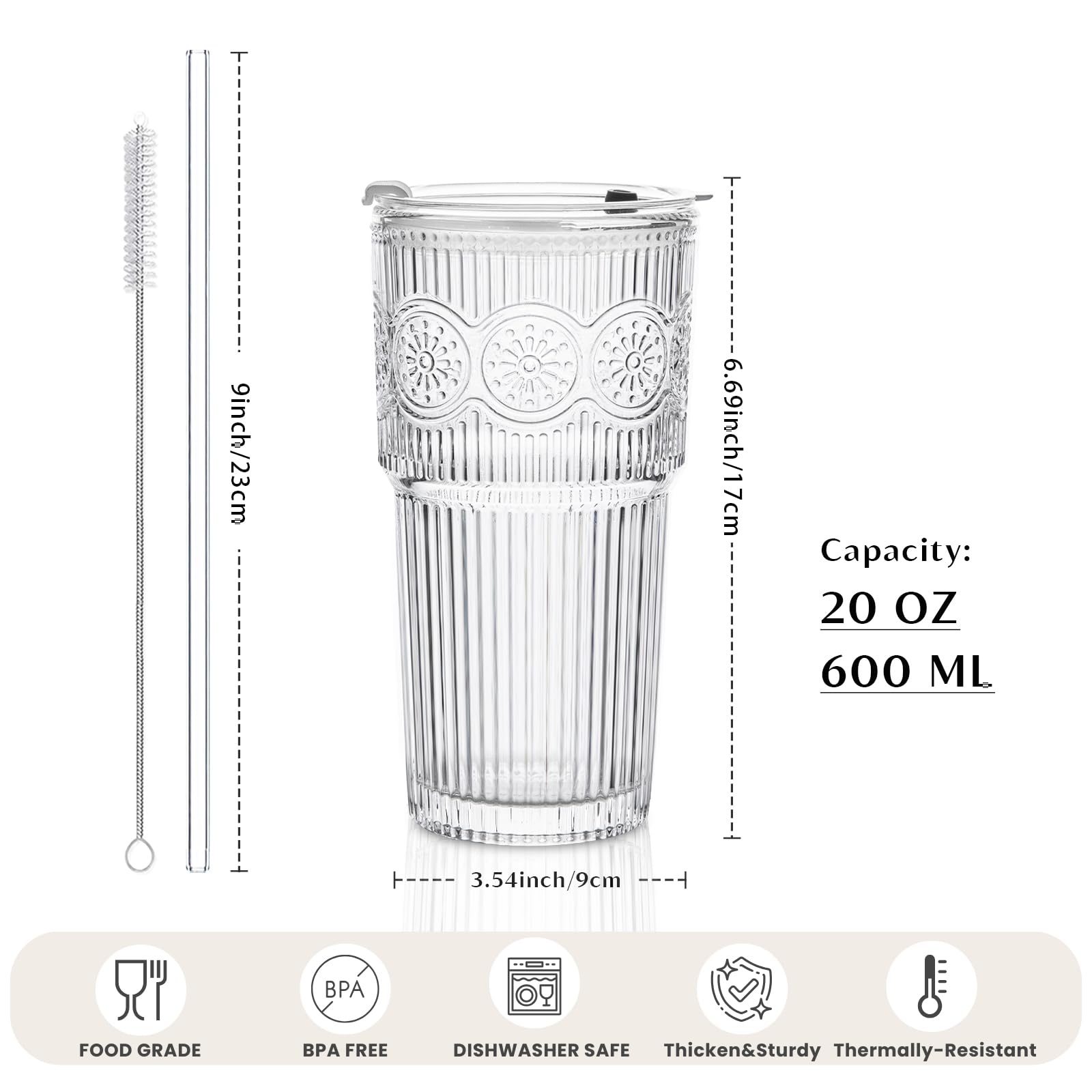 INSETLAN 600ml Floral Iced Coffee Cup, 2 Pack Leakproof Glass Tumbler with Lids and Straws - Image 4