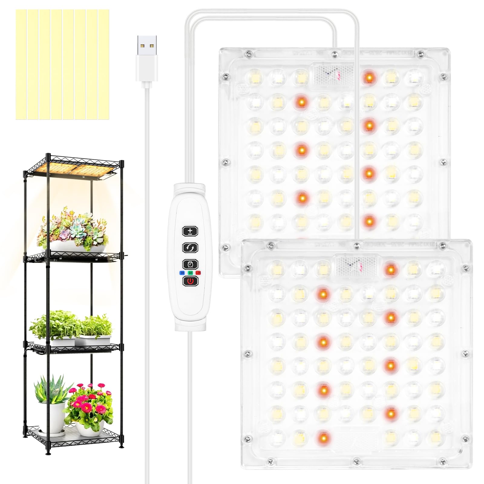 YUEKUNTJ Full Spectrum Indoor LED Plant Growing Lamp, Thin Panel Grow Light for Seed Starting, Full Spectrum Plant Grow Light Tape, Greenhouse Lights with Timer 3/9/12H for Seedling Shelf(2 heads)