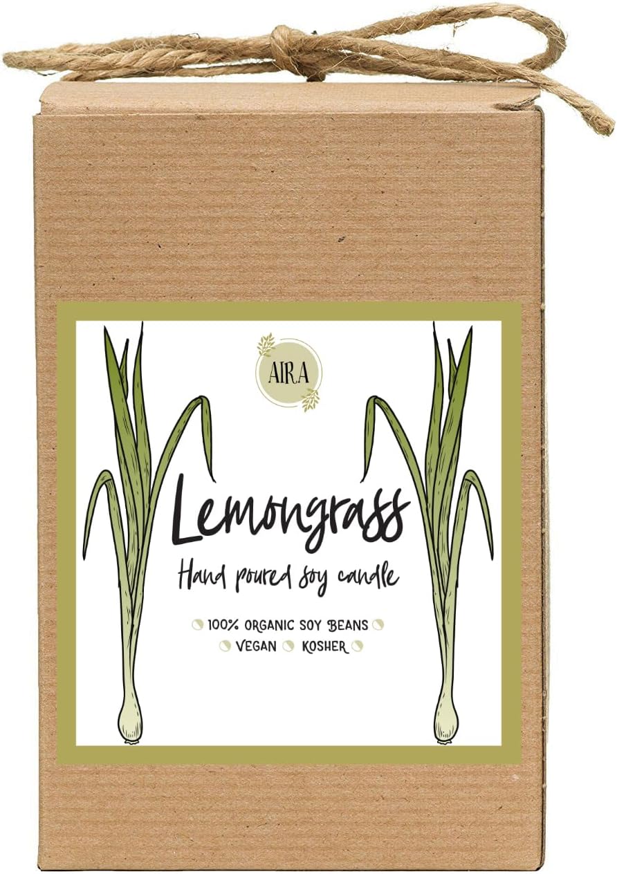 Aira Soy Candles - Organic, Kosher, Vegan, in Mason Jar w/Therapeutic Grade Essential Oil Blends - Hand-Poured 100% Soy Candle Wax - Paraffin Free, Burns 110+ Hours - Lemongrass - 16 Ounces