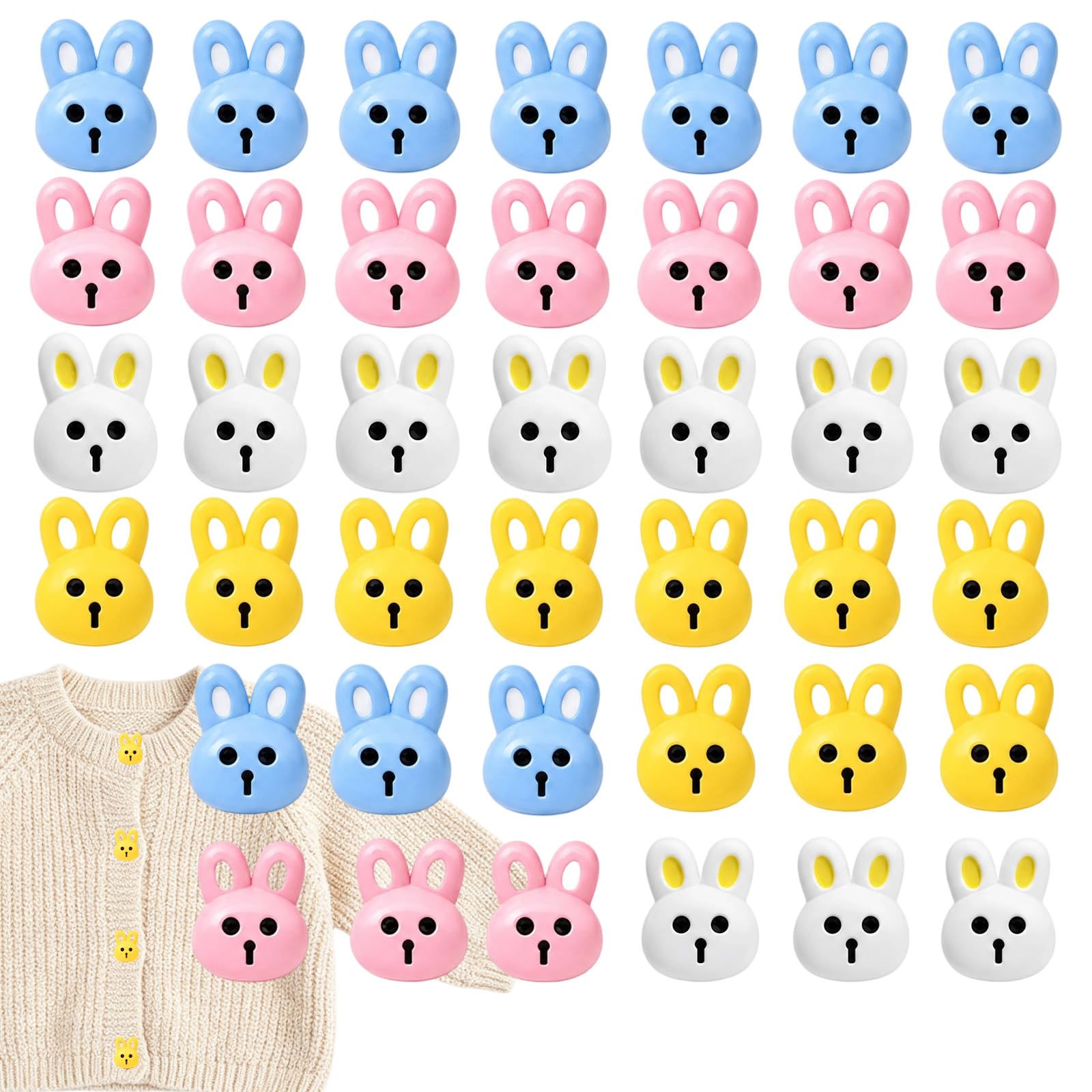 Baby Buttons for Cardigans, 40-Piece Rabbit Design, Pink White Blue Yellow