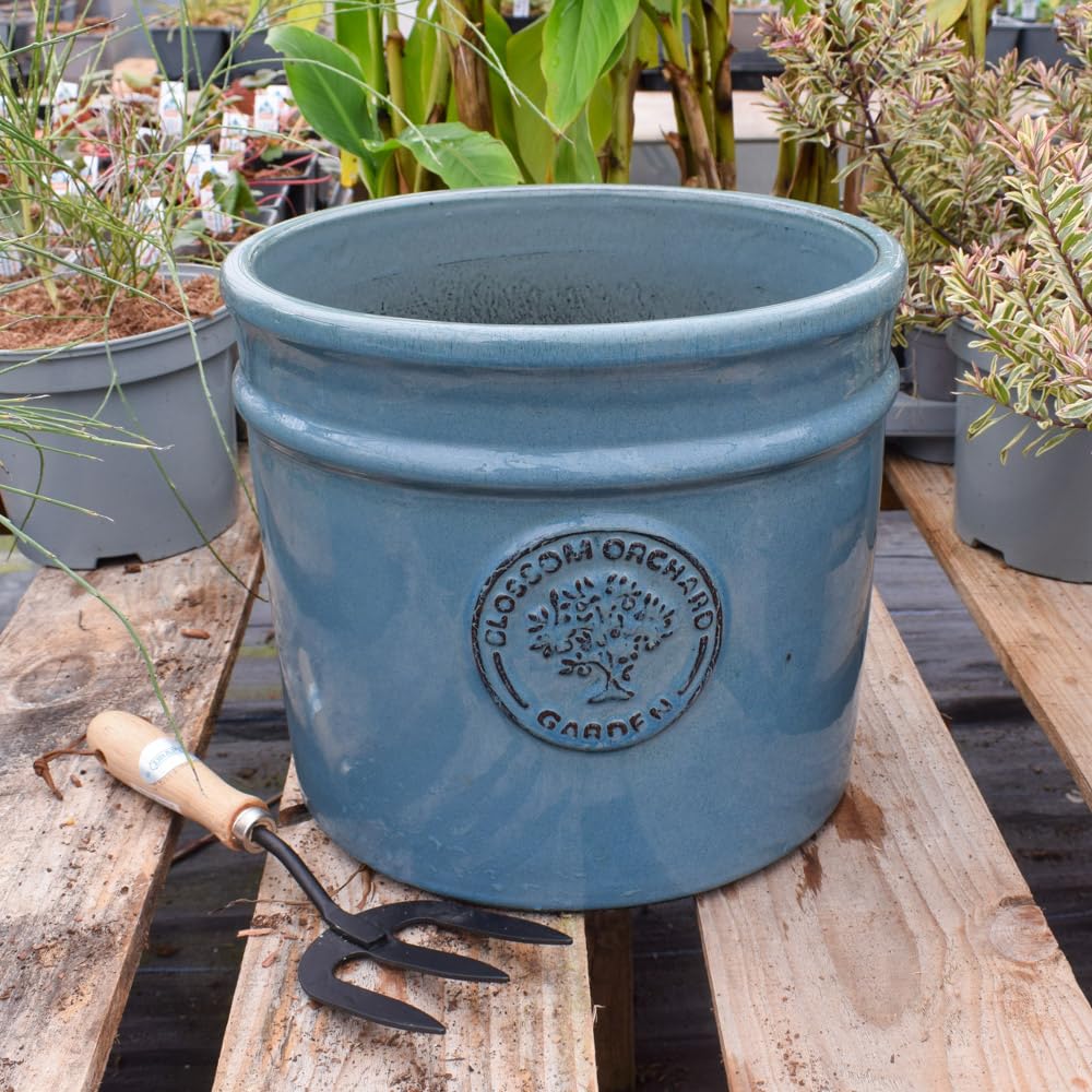 Bedwen 'Blossom Cylinder' Ceramic Plant Pot – 30cm Denim Blue Glazed Outdoor Pot for Garden & Patio — image 1