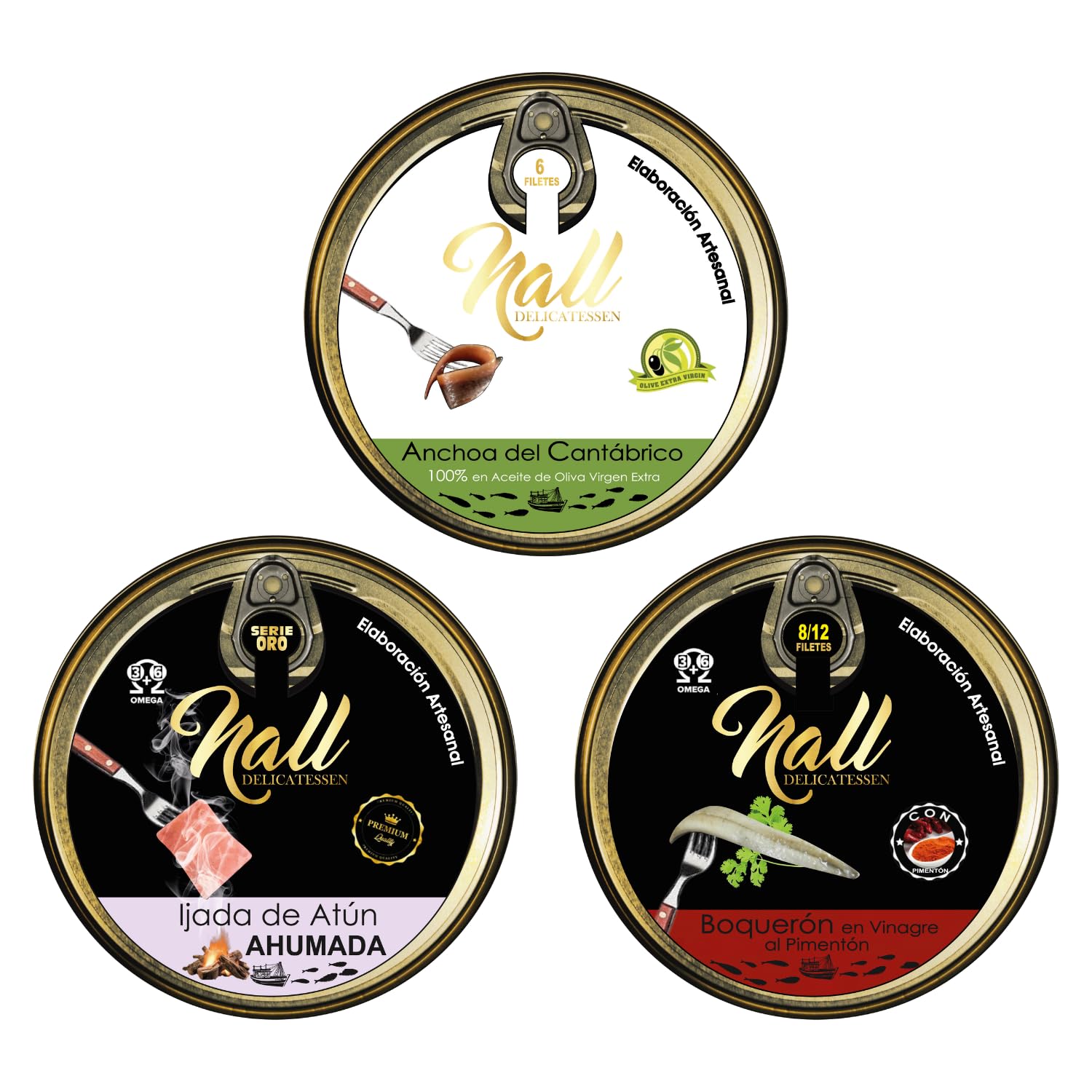 NALL DELICATESSEN (Pack 3 Latas) Lata Anchoas del Cantábrico XXL 000 + Lata Ventresca Atún Salvaje (Ijada o Jamón de Mar) Ahumadaa + Lata de Boquerón en Vinagre con Pimentón