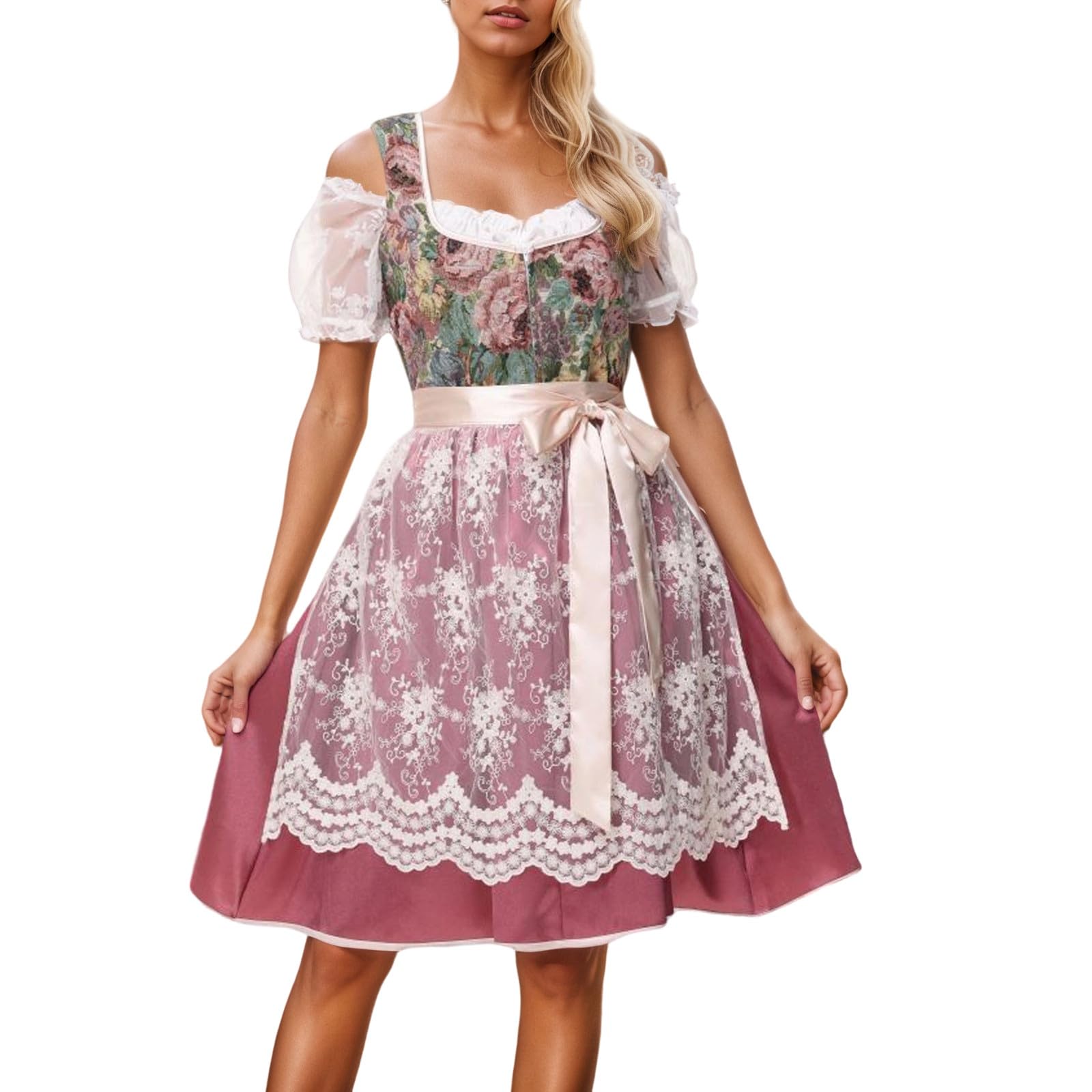 Generisch Dirndl Damen Kostüm Oktoberfest Kleid Spitze-Detail Karneval Maxi Bierfest Dresses Party Blumenmuster Wiesn Schürze Spitzenschürze Festlich Schleife Elegantes Dirndlkleid Knielang